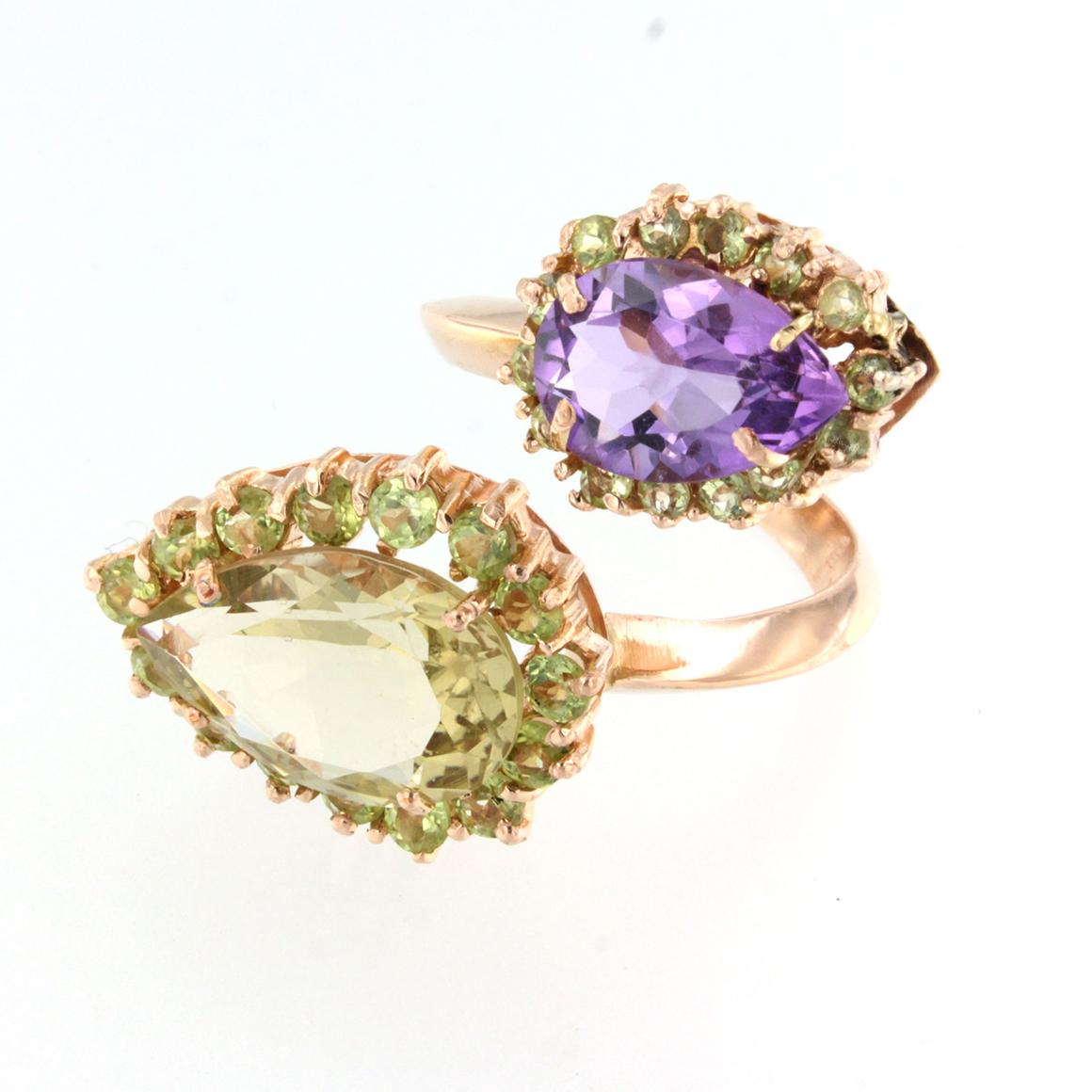 classic and fantastic rose gold ring in 18kt, handmade in Italy by Stanoppi Jewellery since 1948.
Stones: peridot, amethyst , lemon quartz. 
MIS : 14  USA 8  g.13,00
Possibile to have the earrings in set.

All Stanoppi Jewelry is new and has never