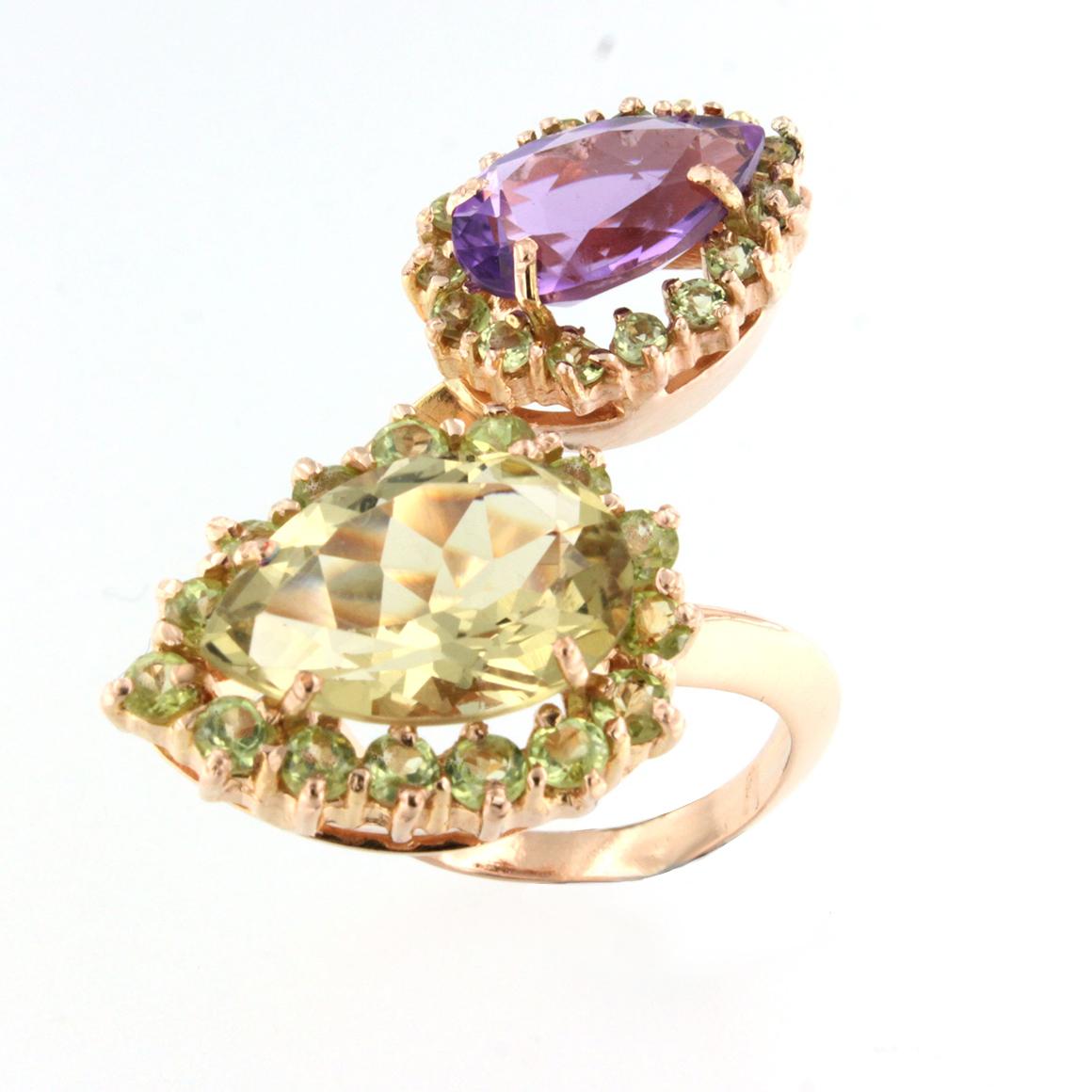 Rose Cut 18Kt Rose Gold with Amethyst and Peridot and Lemon Quartz Contemporary Ring For Sale