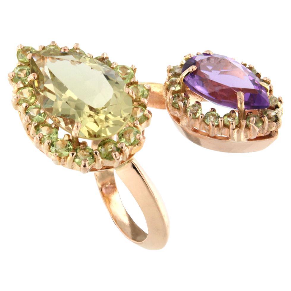 18Kt Rose Gold with Amethyst and Peridot and Lemon Quartz Contemporary Ring For Sale