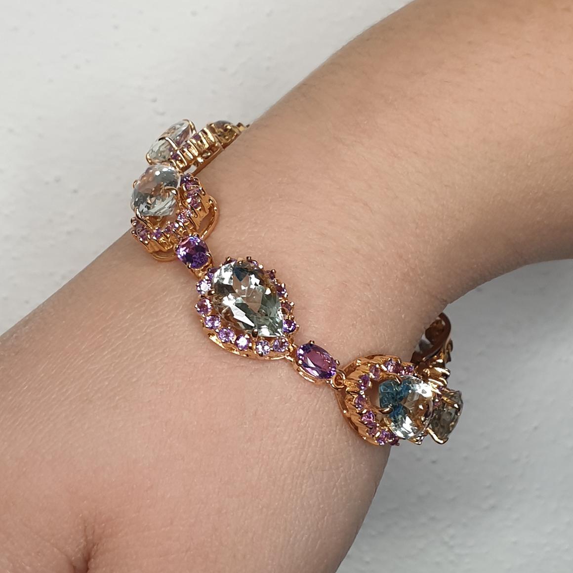 Arts and Crafts 18kt Rose Gold with Amethyst and Prasiolite Classic Modern Timeless Bracelet For Sale