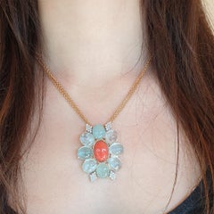 18Kt Rose Gold with Aquamarine White Diamonds Red Coral Pendant