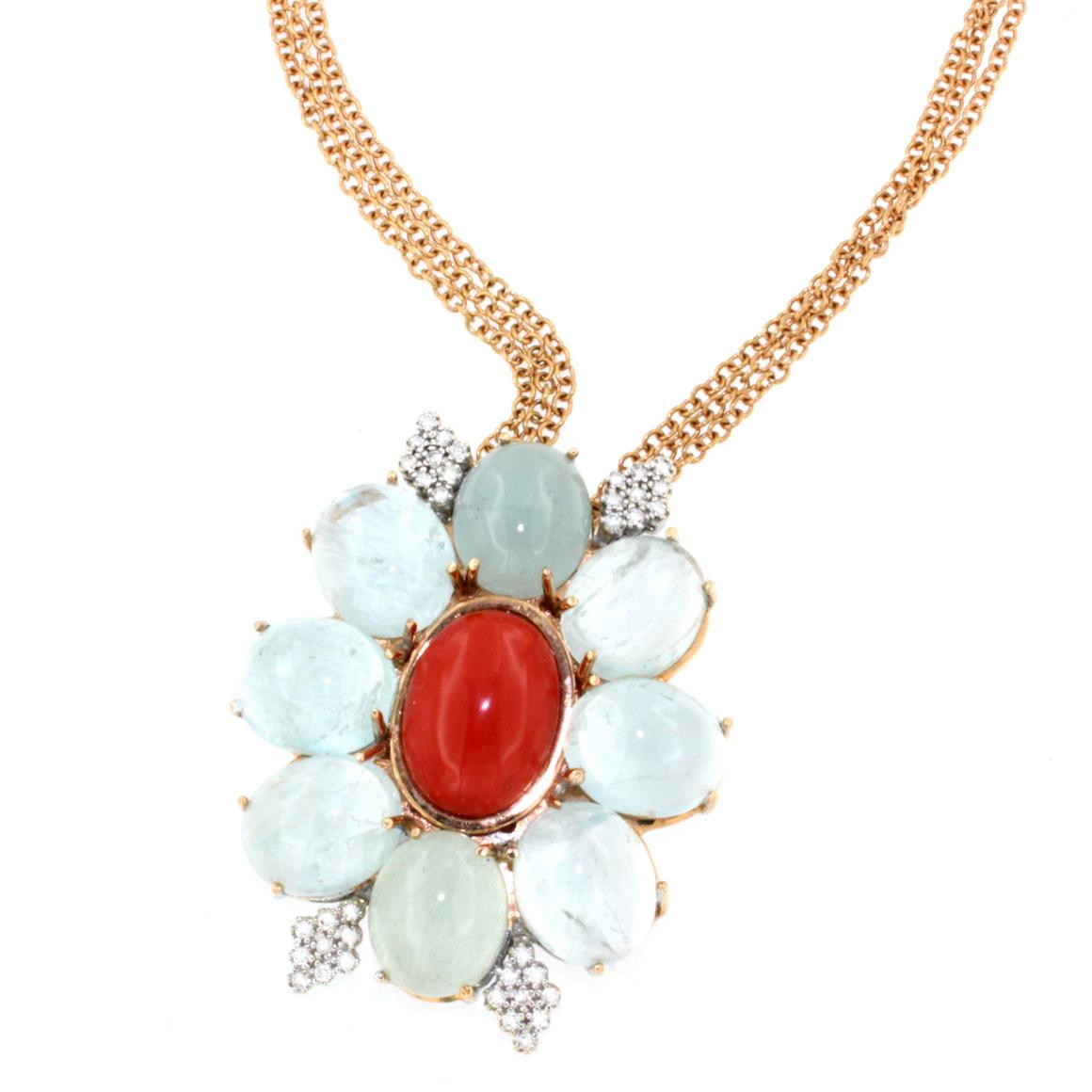 Modern 18Kt Rose Gold with Aquamarine White Diamonds Red Coral Pendant For Sale