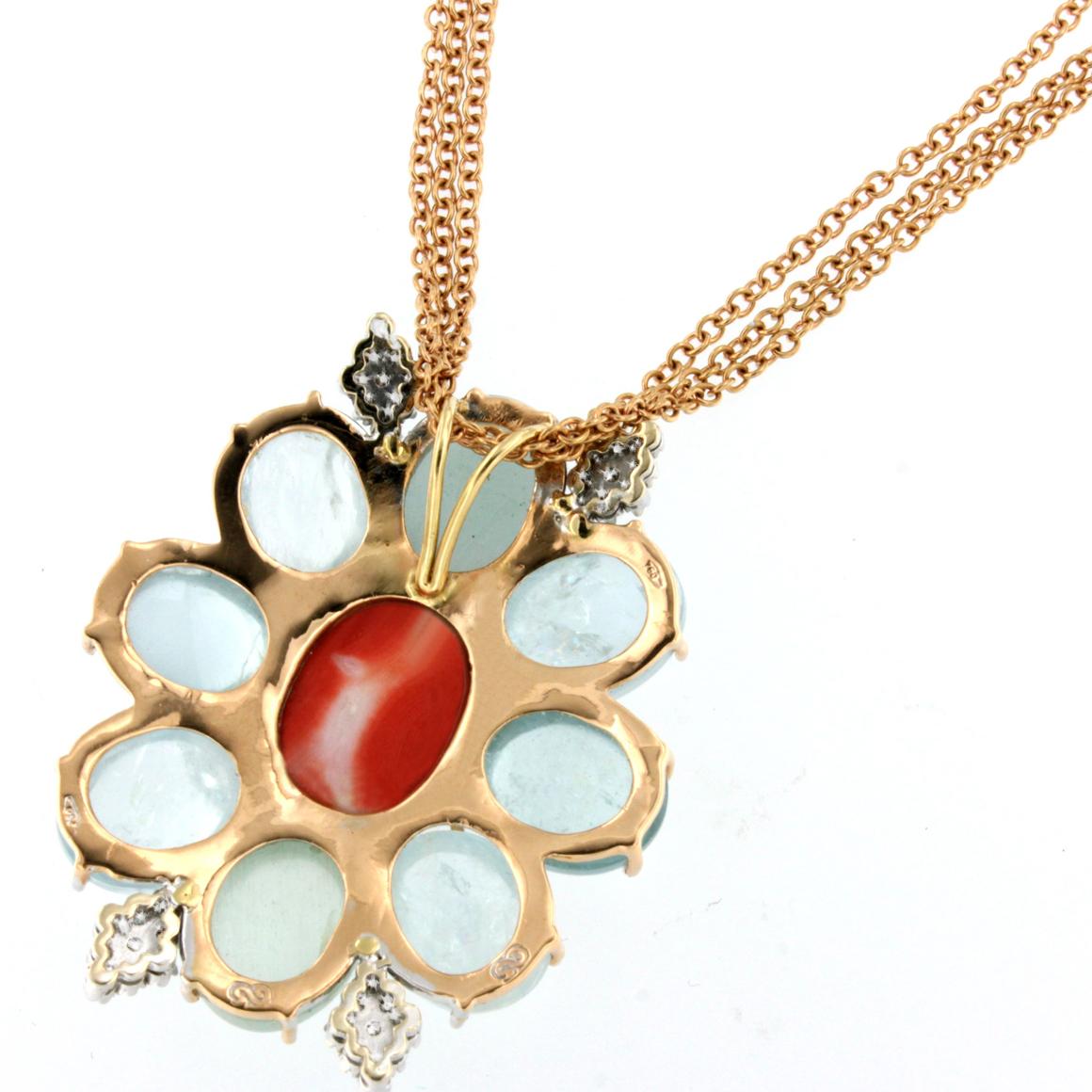 Oval Cut 18Kt Rose Gold with Aquamarine White Diamonds Red Coral Pendant For Sale