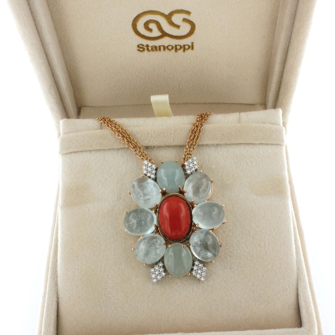 18Kt Rose Gold with Aquamarine White Diamonds Red Coral Pendant In New Condition For Sale In GALLARATE, IT