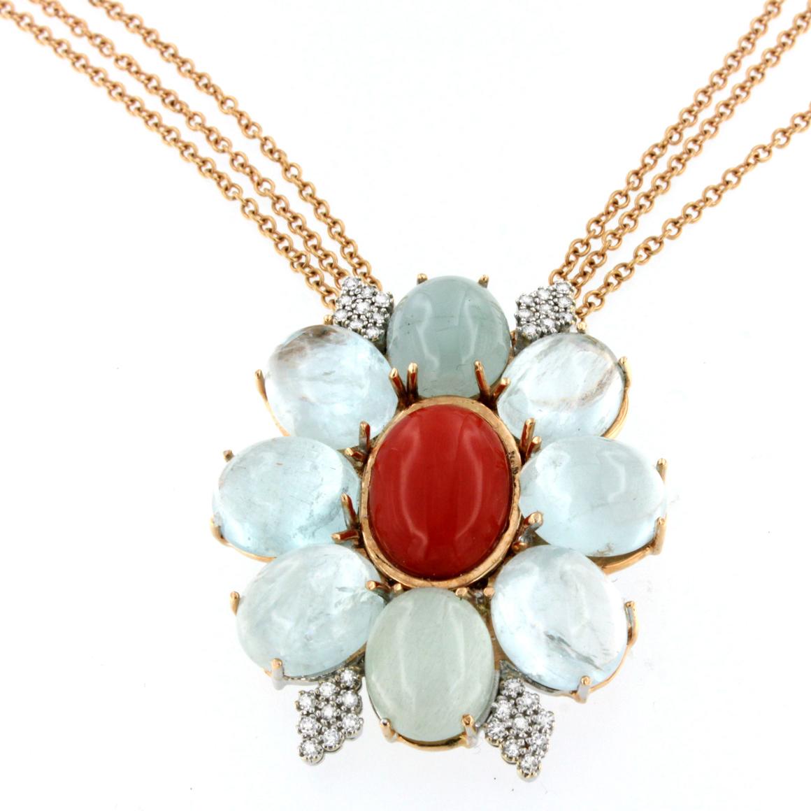 Women's or Men's 18Kt Rose Gold with Aquamarine White Diamonds Red Coral Pendant For Sale