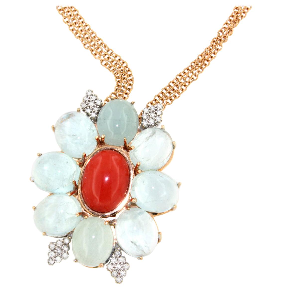 18Kt Rose Gold with Aquamarine White Diamonds Red Coral Pendant For Sale