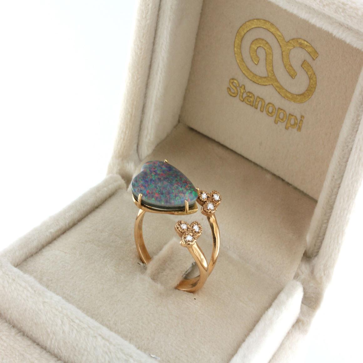 18kt Rose Gold with Black Opal and White Diamonds Ring For Sale 1