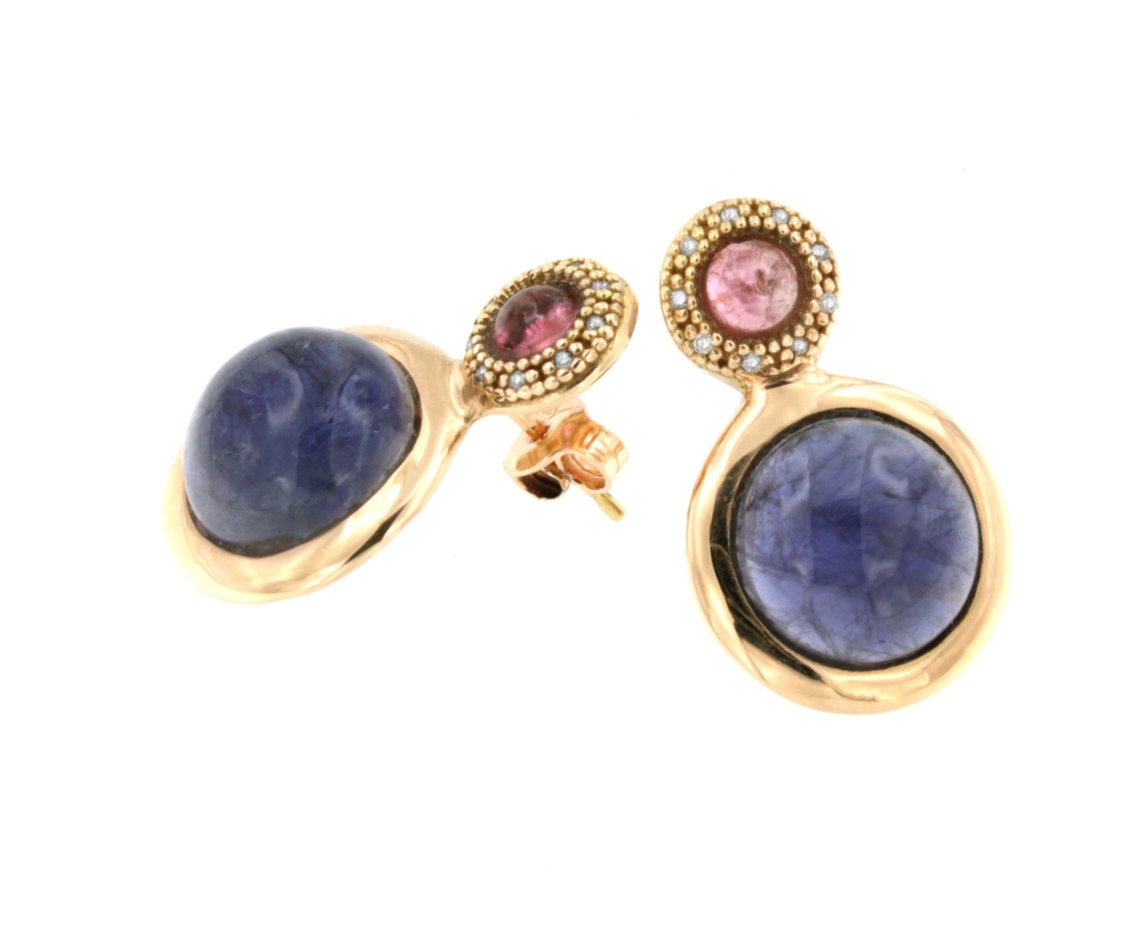 Modern 18Kt Rose Gold with Blue Iolite Pink Tourmaline White Diamonds Stud Earrings For Sale