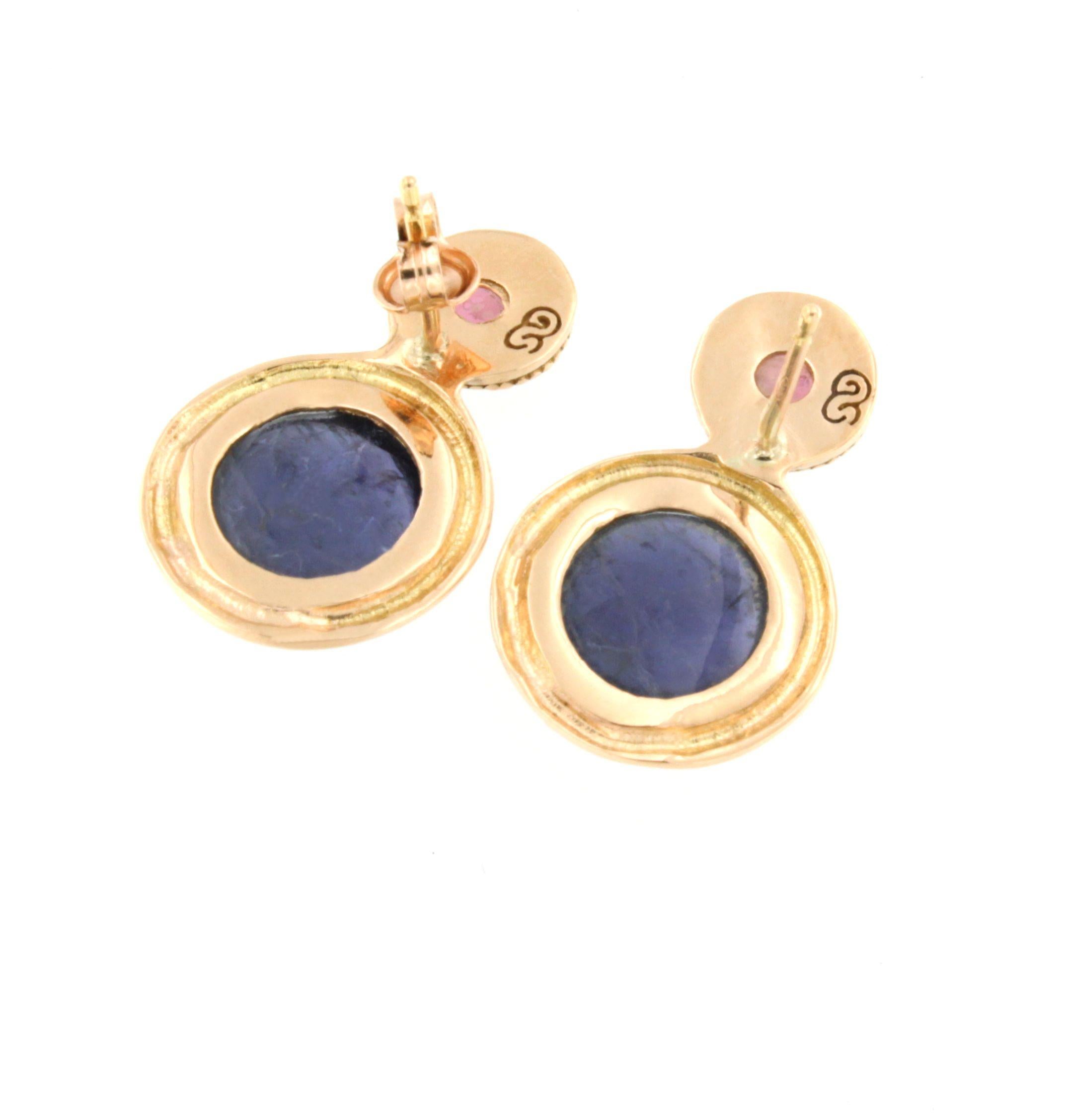 Cabochon 18Kt Rose Gold with Blue Iolite Pink Tourmaline White Diamonds Stud Earrings For Sale