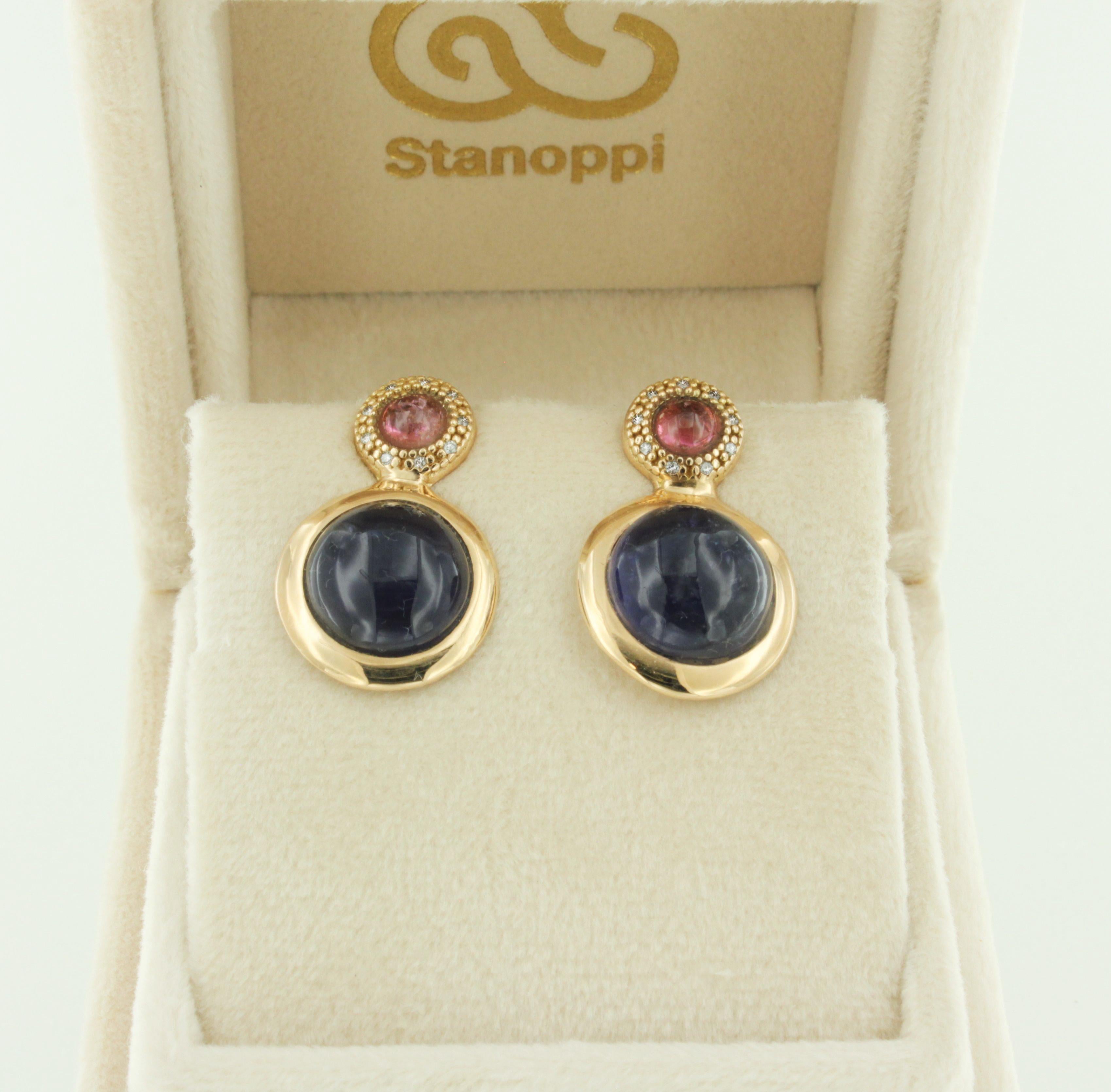Women's or Men's 18Kt Rose Gold with Blue Iolite Pink Tourmaline White Diamonds Stud Earrings For Sale