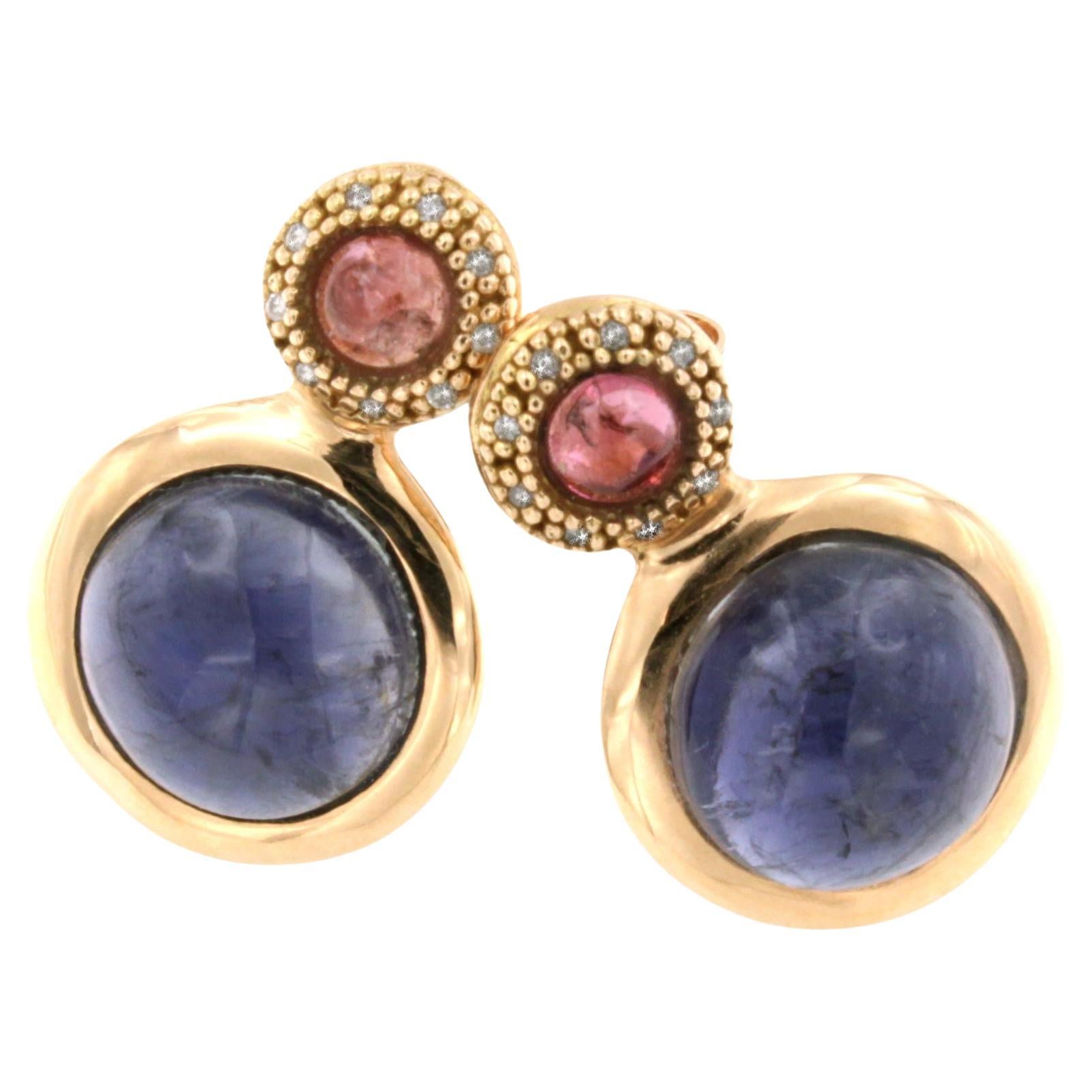 Clous d'oreilles en or rose 18 carats avec iolite bleue et tourmaline rose et diamants blancs