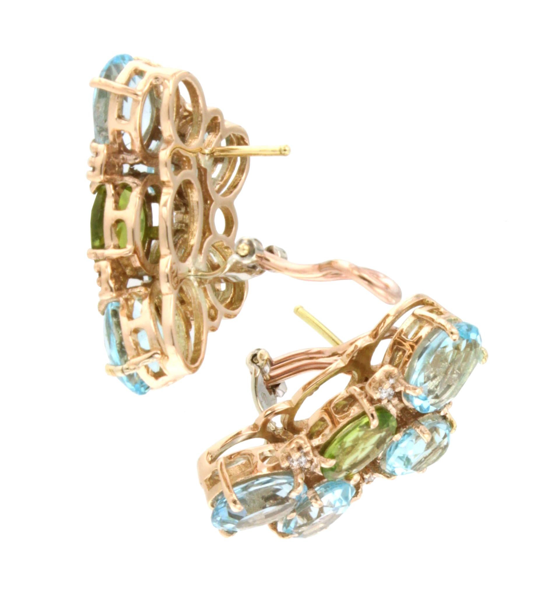 Oval Cut 18Kt Rose Gold With Blue Topaz Peridot White Diamonds Amazing Modern Earrings  For Sale