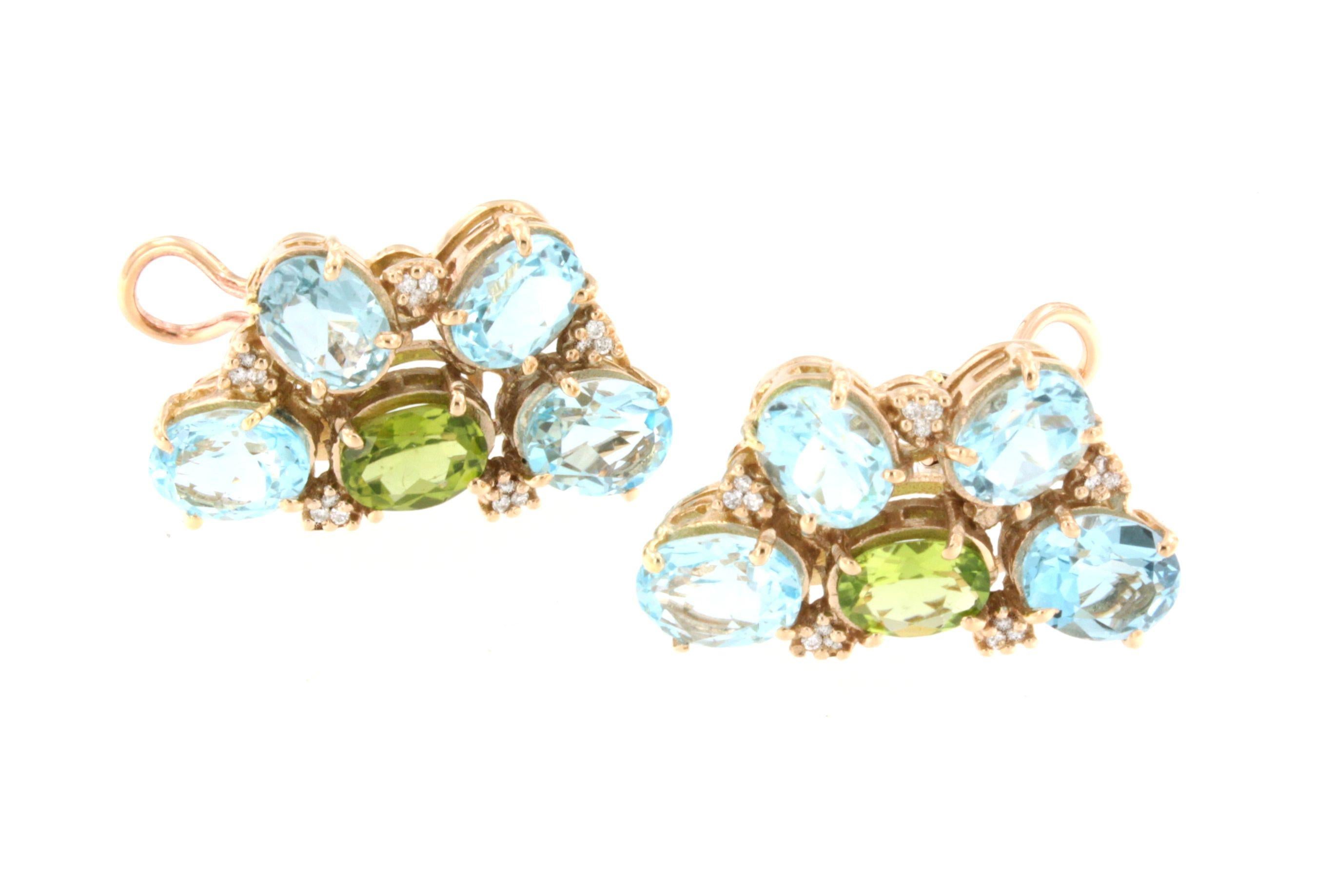 18Kt Rose Gold With Blue Topaz Peridot White Diamonds Amazing Modern Earrings  In New Condition For Sale In GALLARATE, IT