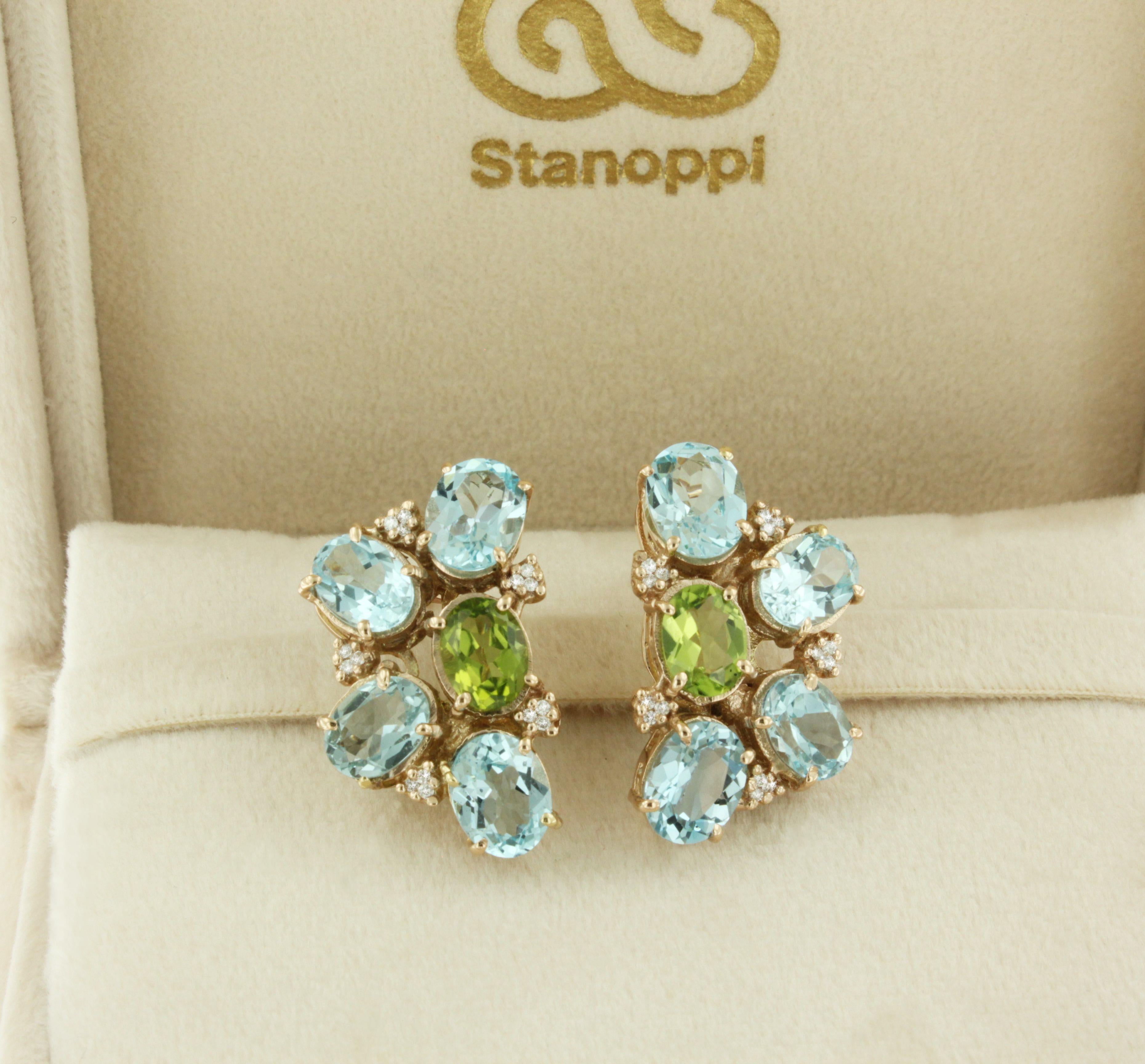 18Kt Rose Gold With Blue Topaz Peridot White Diamonds Amazing Modern Earrings  For Sale 1