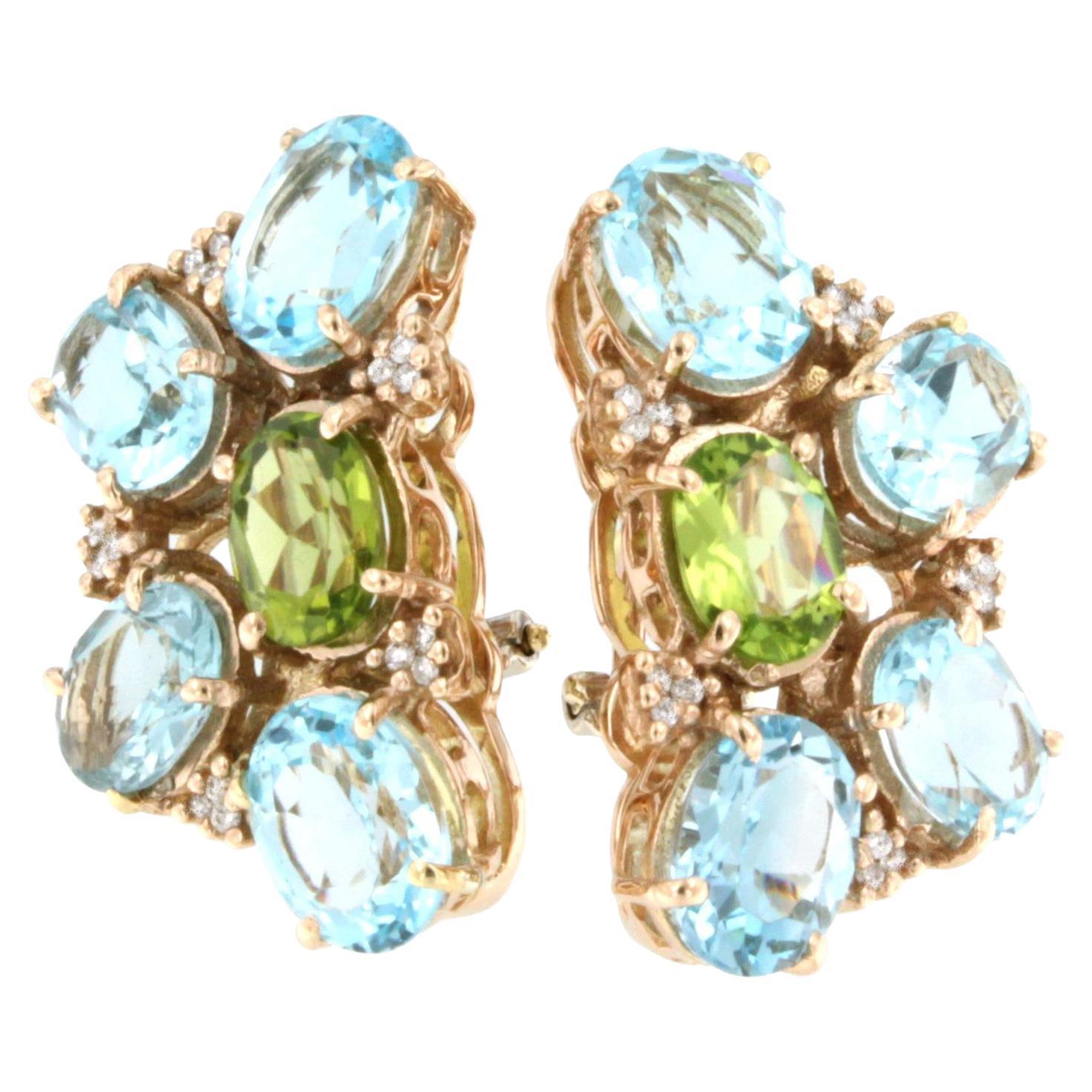 18Kt Rose Gold With Blue Topaz Peridot White Diamonds Amazing Modern Earrings  For Sale