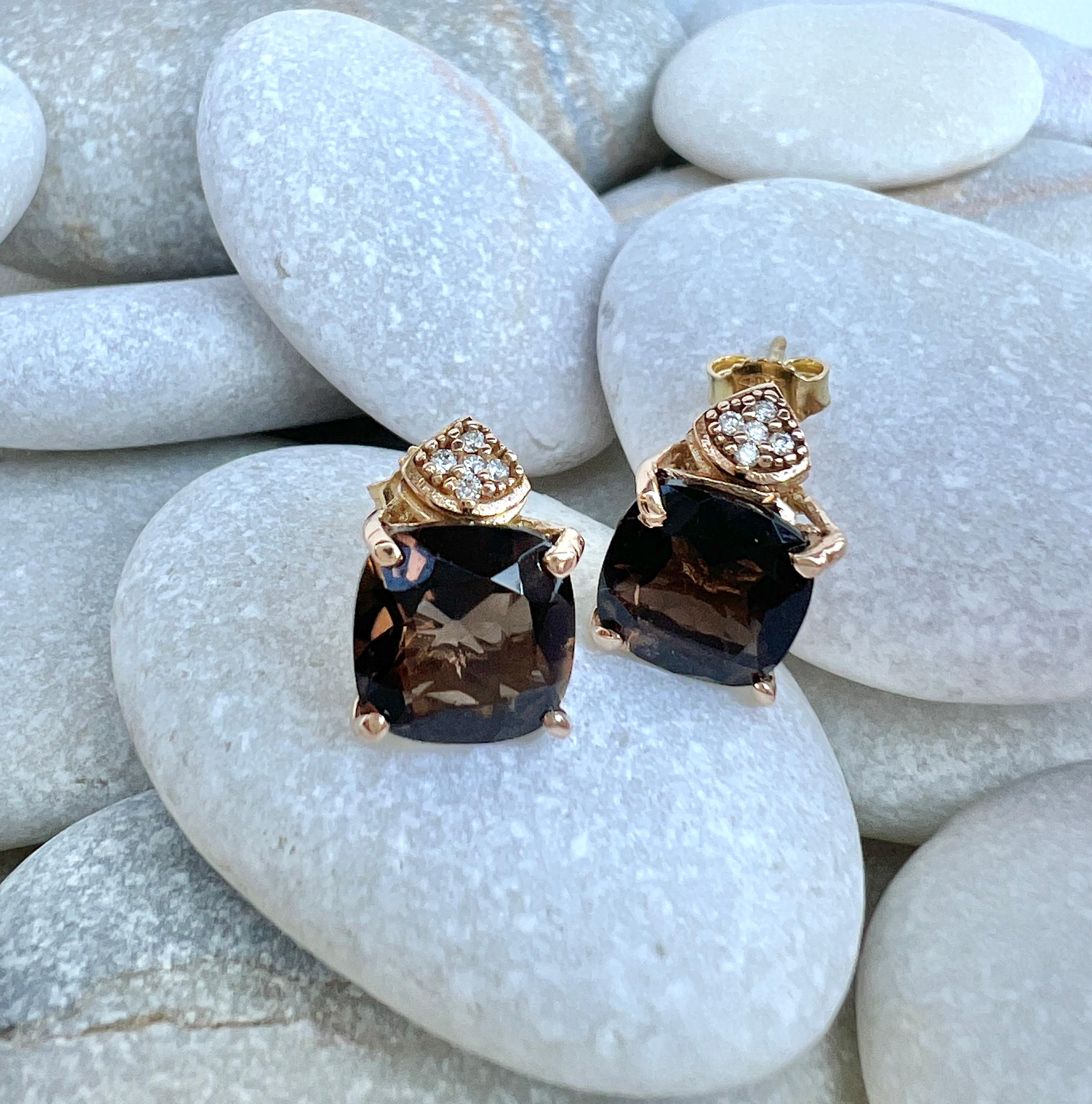 Orecchini in oro rosa 18Kt con quarzo fumé e diamanti bianchi in vendita 1