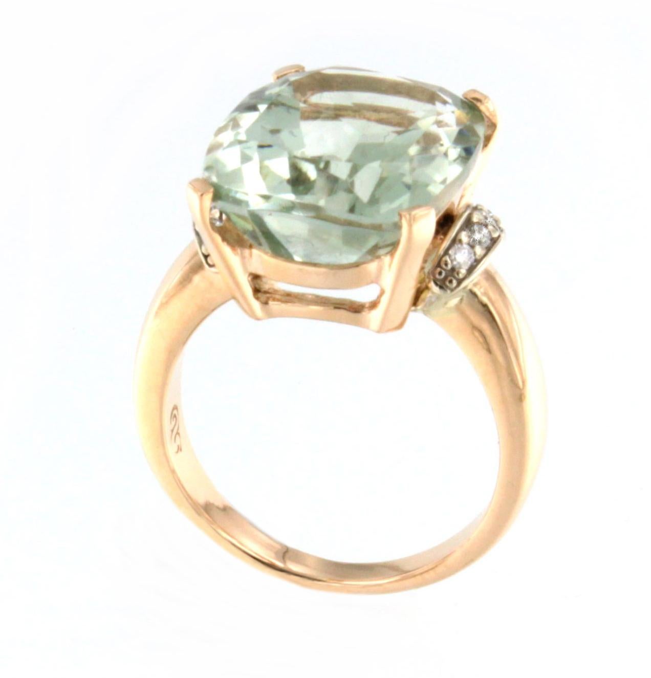 Modern 18 Karat Rose Gold with Green Amethyst and White Diamonds Amazing Ring For Sale