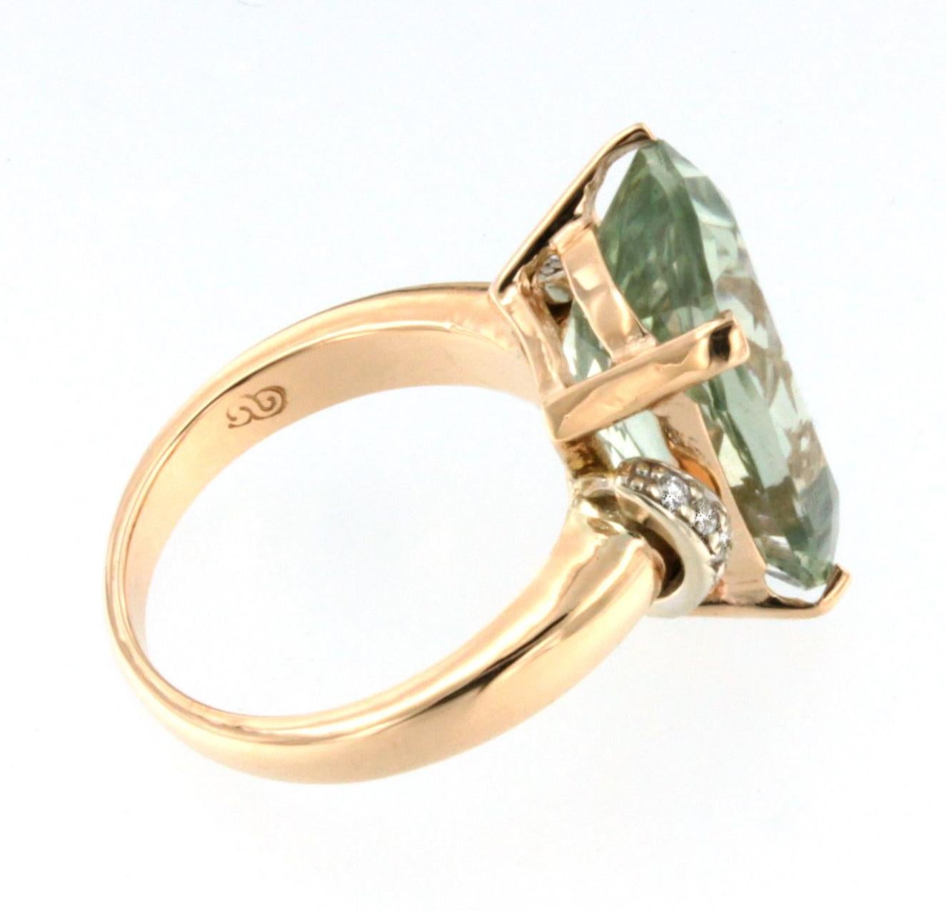 Women's or Men's 18 Karat Rose Gold with Green Amethyst and White Diamonds Amazing Ring For Sale