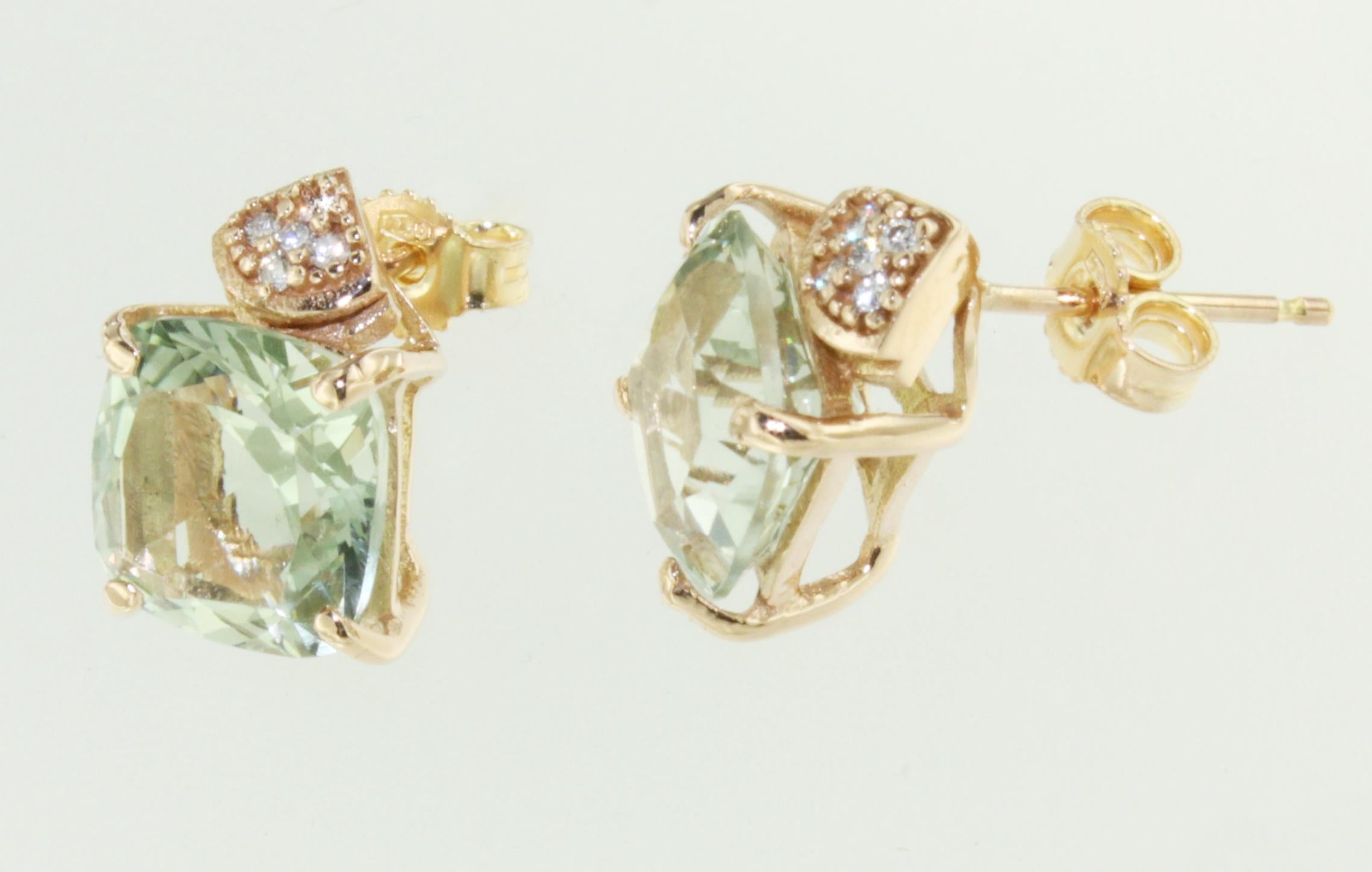Square Cut 18Kt Rose Gold With Green Amethyst And White Diamonds Earrings For Sale