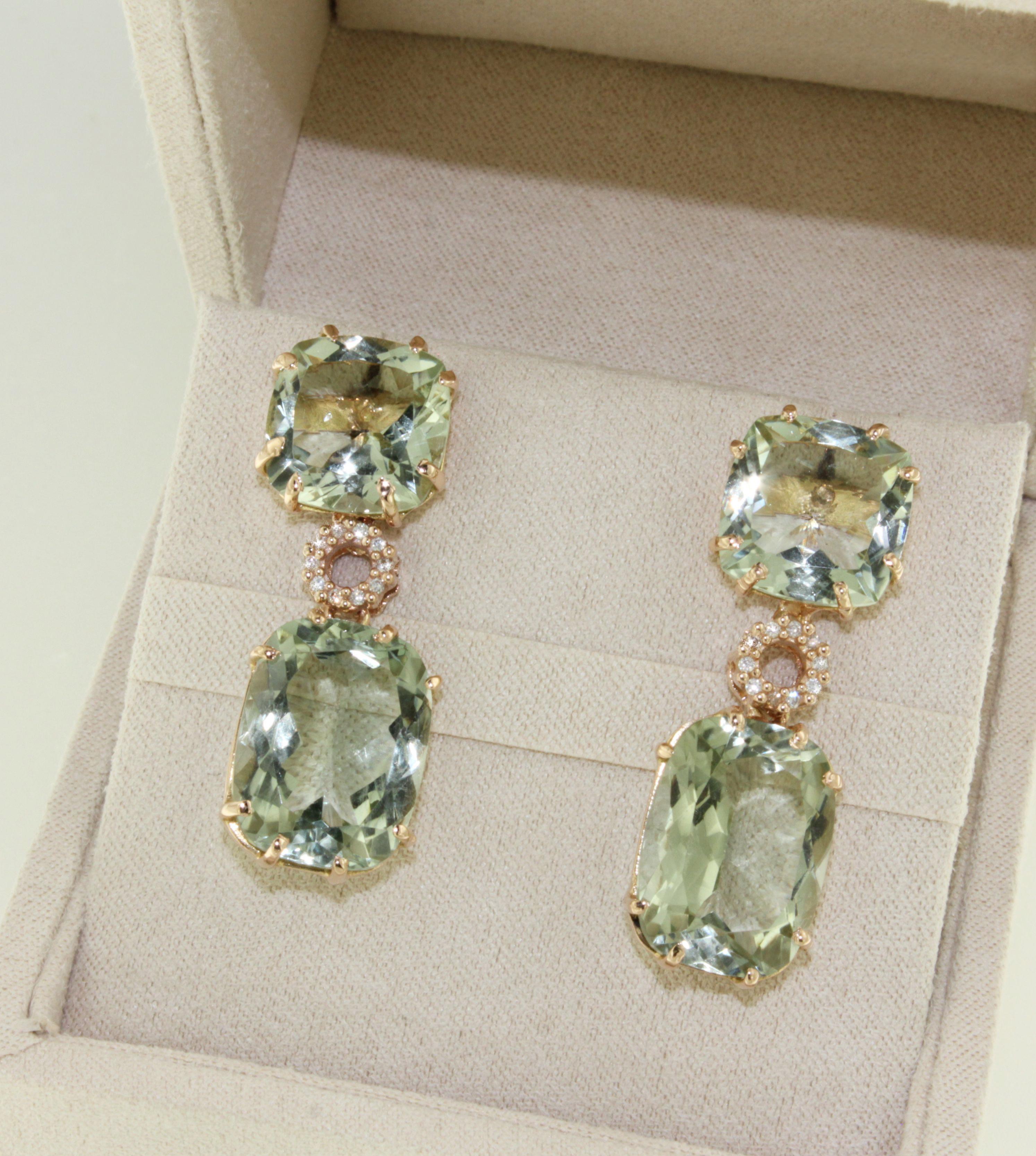 da uomo o donna Orecchini in oro rosa 18Kt con ametista verde e diamanti bianchi, moda moderna in vendita