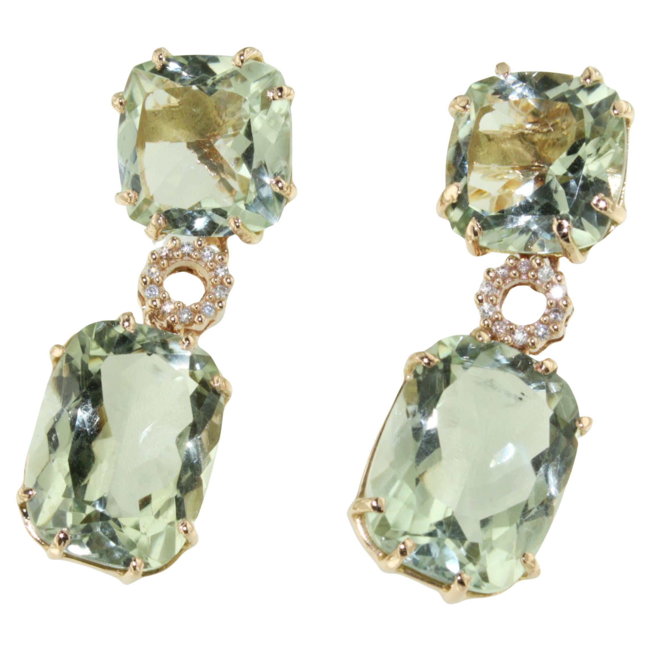 18Kt Rose Gold With Green Amethyst And White Diamonds Modern Fashion Earrings