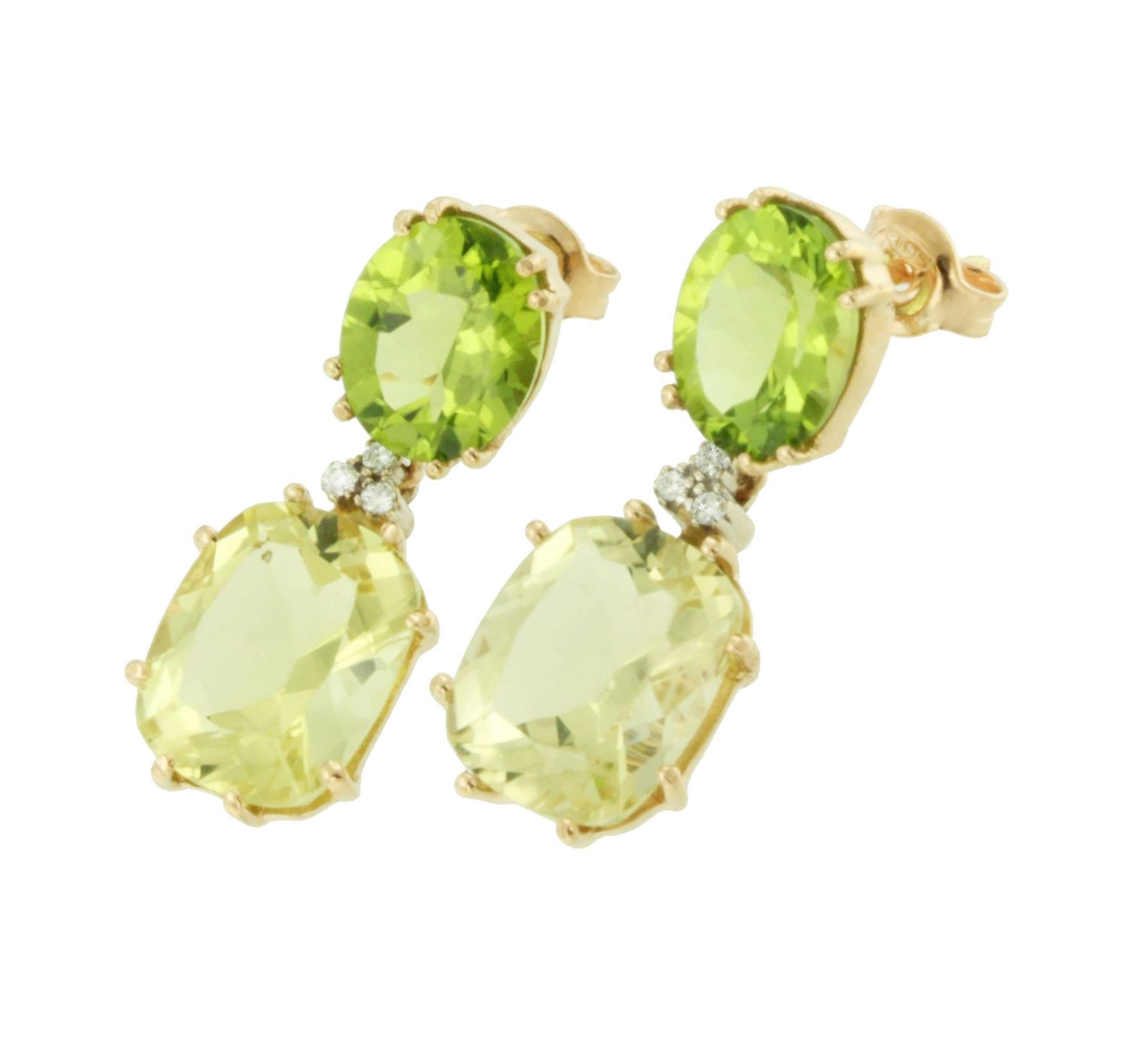 Combination of shapes and light colors made a unique fashion and modern amazing earrings in 18k rose gold with delicate green Peridoto (oval cut, size: 8x10 mm), Lemon Quartz (antique cut, size: 10x12 mm) and white Diamonds cts 0.06. Made in Italy
