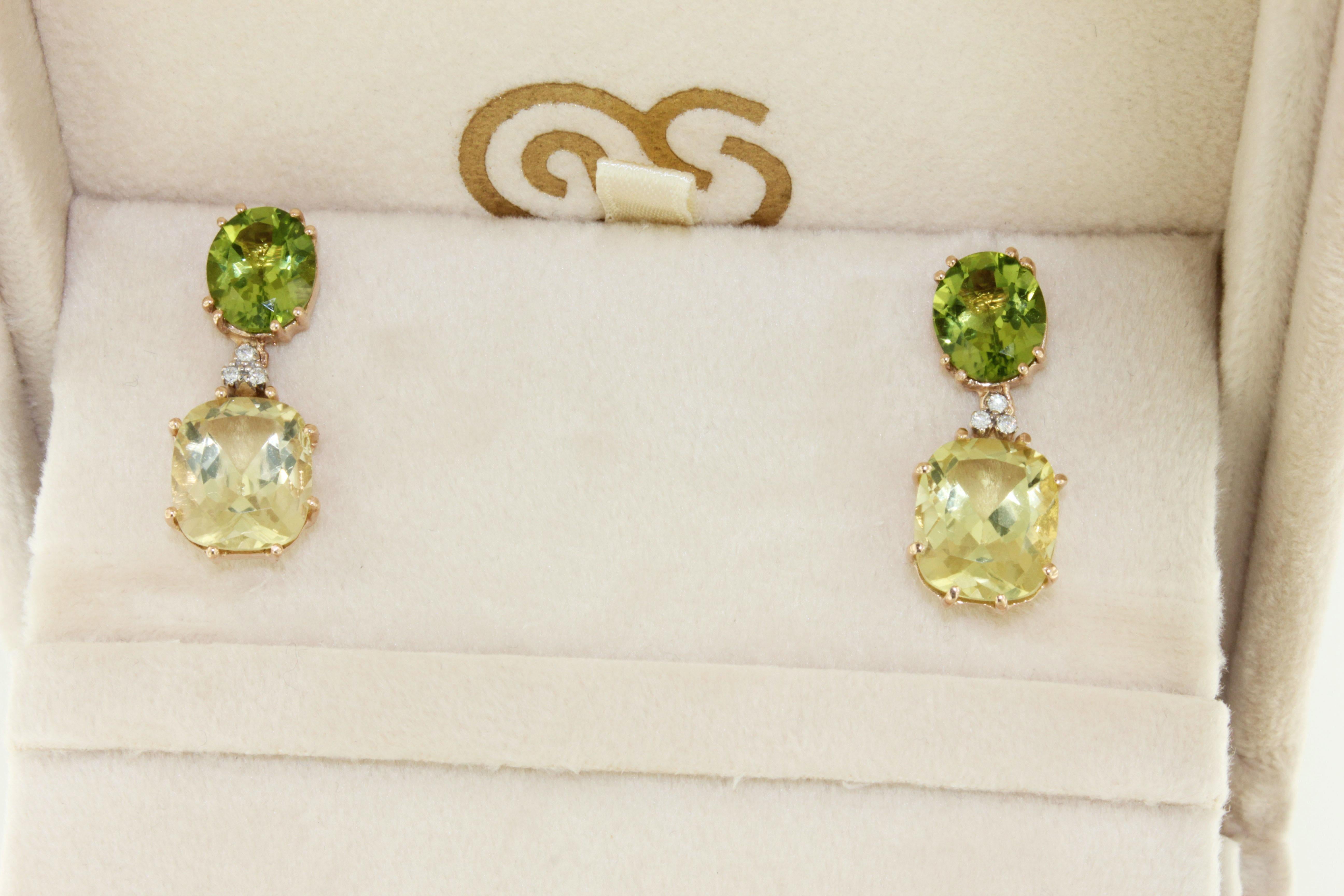 Women's or Men's 18Kt Rose Gold With Lemon Quartz Peridoto And White Diamonds Fashion Earrings For Sale