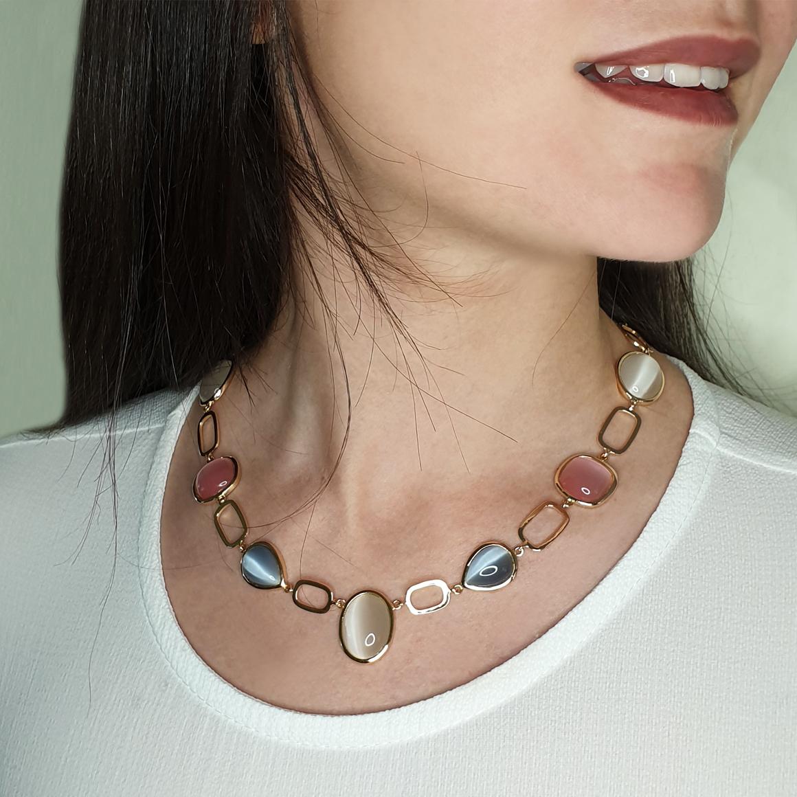  Combination of shapes and colors made a unique fashion and modern necklace  in 18k rose gold with colored stones. Made in Italy by Stanoppi Jewellery since 1948.
Stones : drops mm 10x14  oval mm 13x17  square mm 13x13     g.39.80   length cm