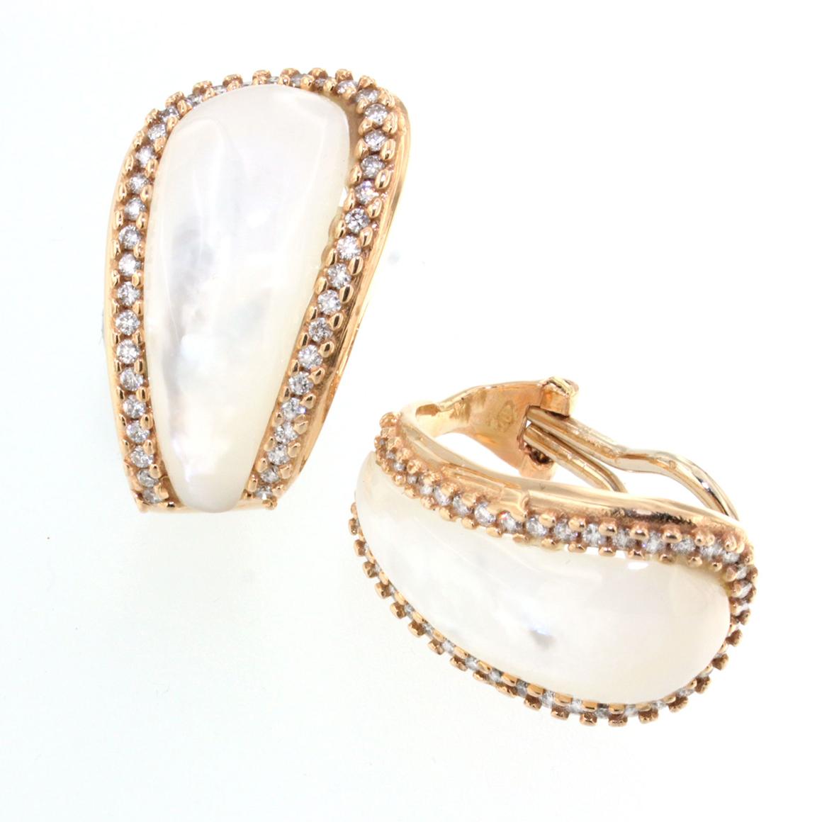 Women's or Men's 18kt Rose Gold With Mother of Pearls And White Diamonds Earrings  For Sale