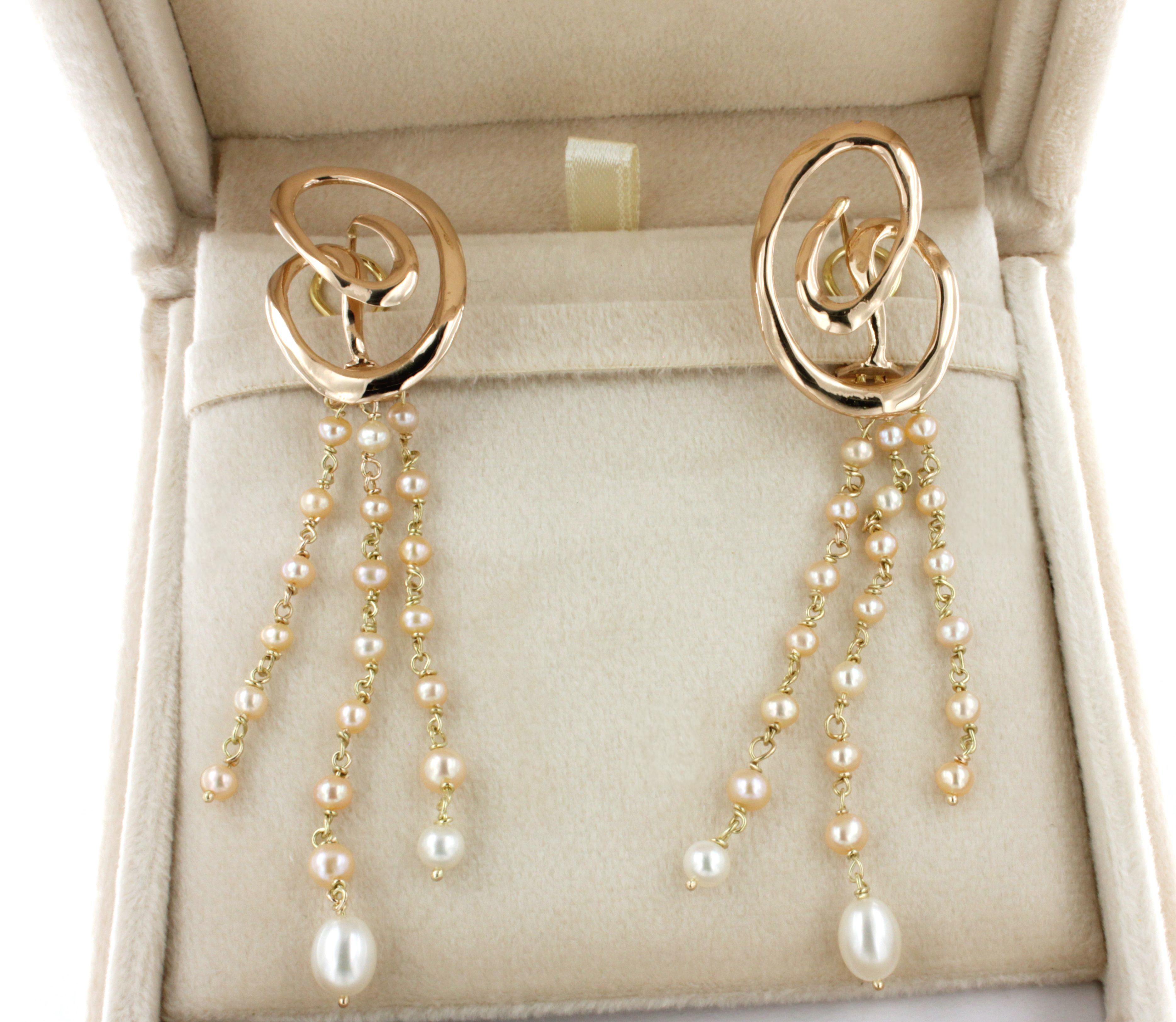 Round Cut 18Kt Rose Gold with Pearls Amazing Modern Handemade in Italy Earrings For Sale