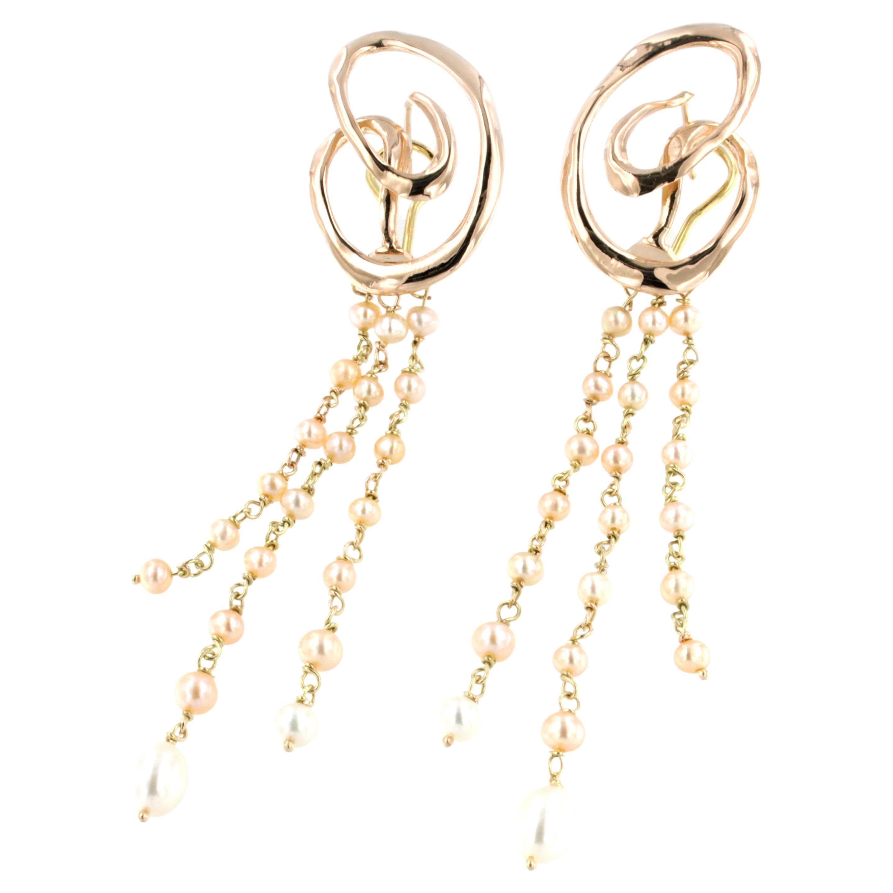 18Kt Rose Gold with Pearls Amazing Modern Handemade in Italy Earrings For Sale