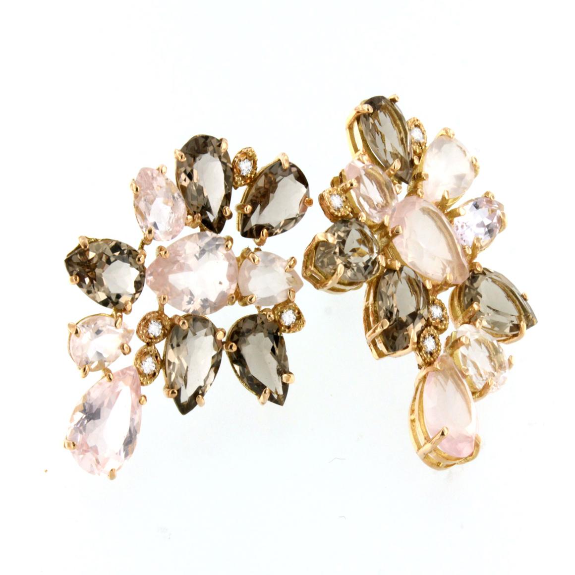 Moderne Boucles d'oreilles en or rose 18 carats avec quartz rose et quartz fumé et diamants blancs en vente