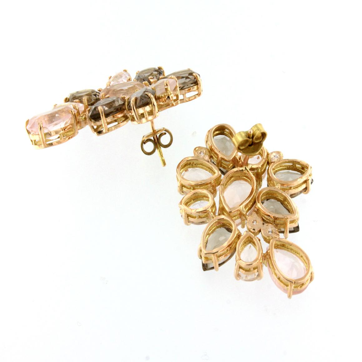 Taille rose Boucles d'oreilles en or rose 18 carats avec quartz rose et quartz fumé et diamants blancs en vente