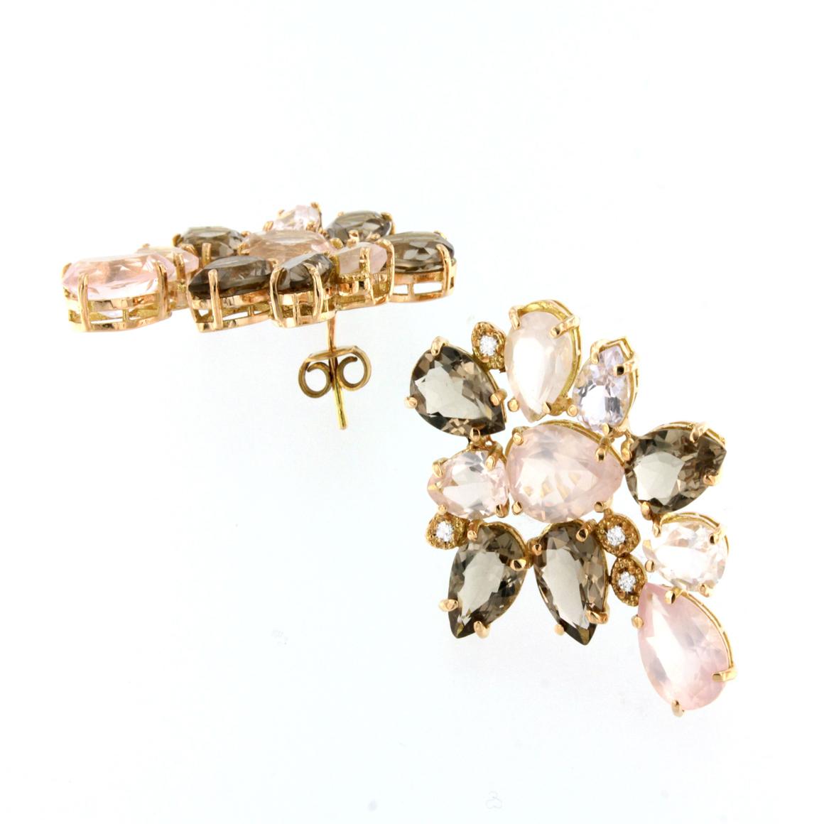 Boucles d'oreilles en or rose 18 carats avec quartz rose et quartz fumé et diamants blancs Neuf - En vente à GALLARATE, IT