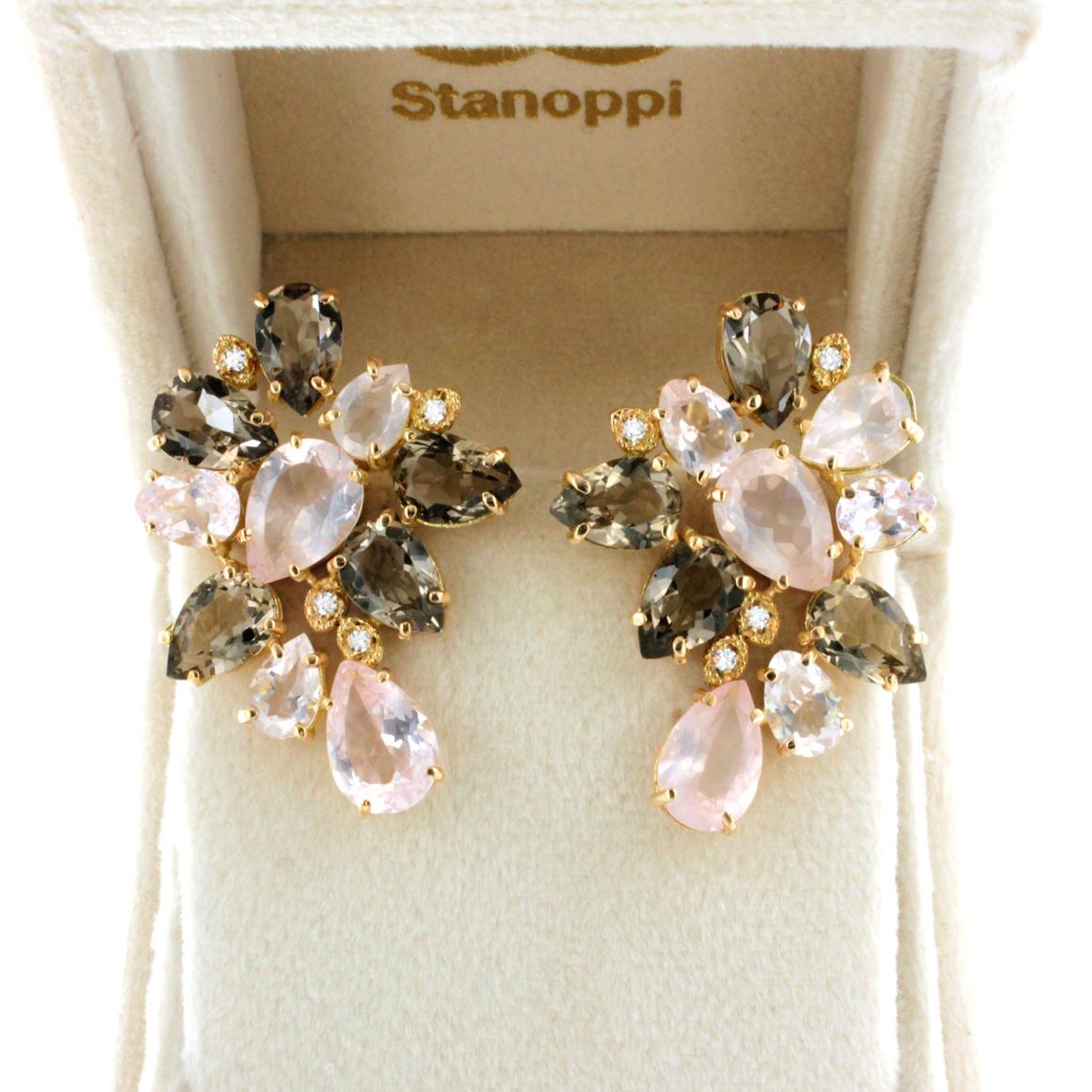 Women's or Men's 18kt Rose Gold with Pink and Smoky Quartz and White Diamonds Earrings For Sale