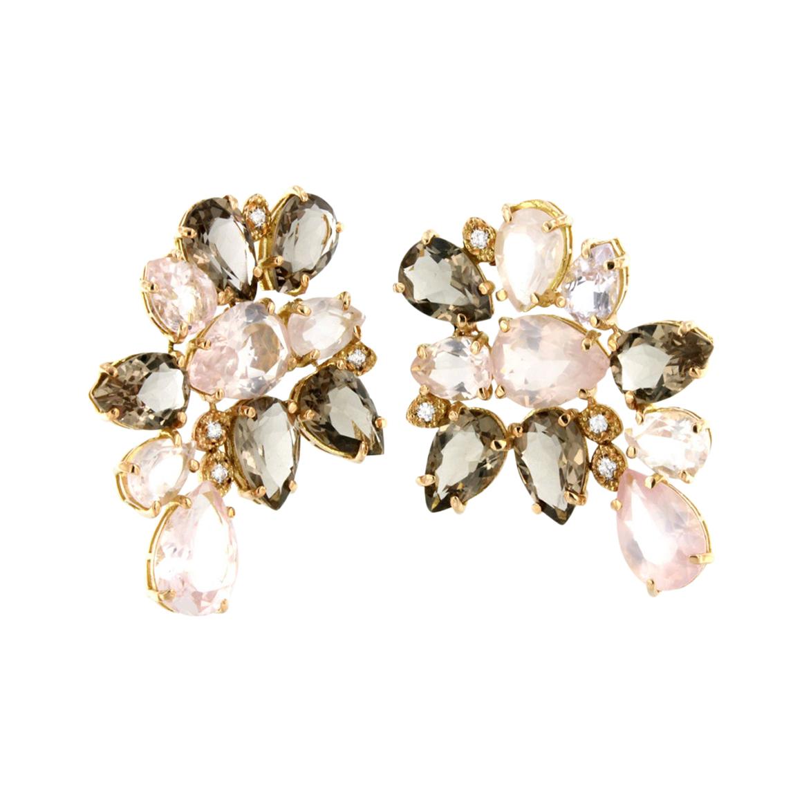 18kt Rose Gold with Pink and Smoky Quartz and White Diamonds Earrings