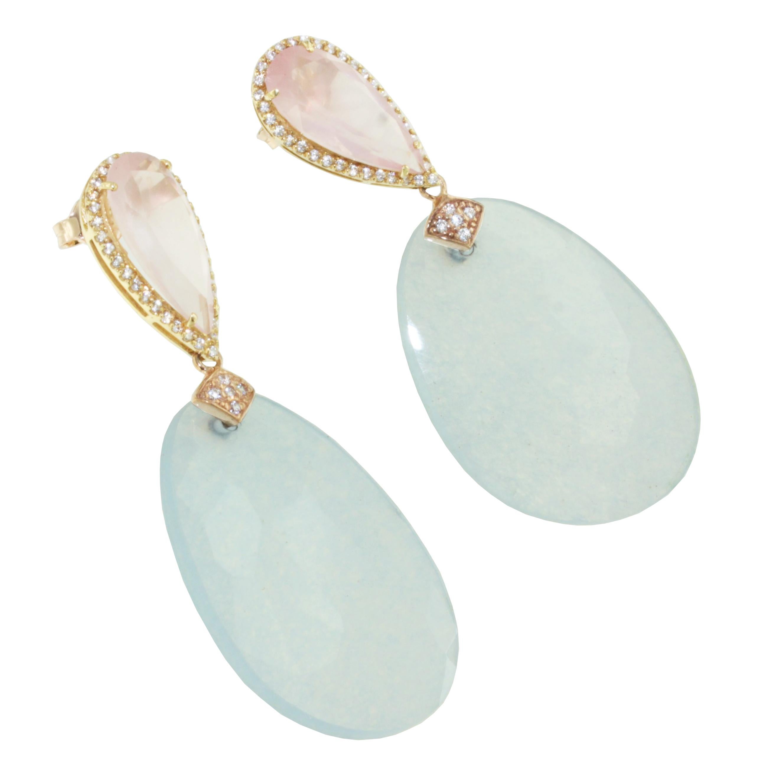 Modern 18Kt Rose Gold With Pink Quartz Light Blue Stone White Diamonds Fashion Earrings For Sale