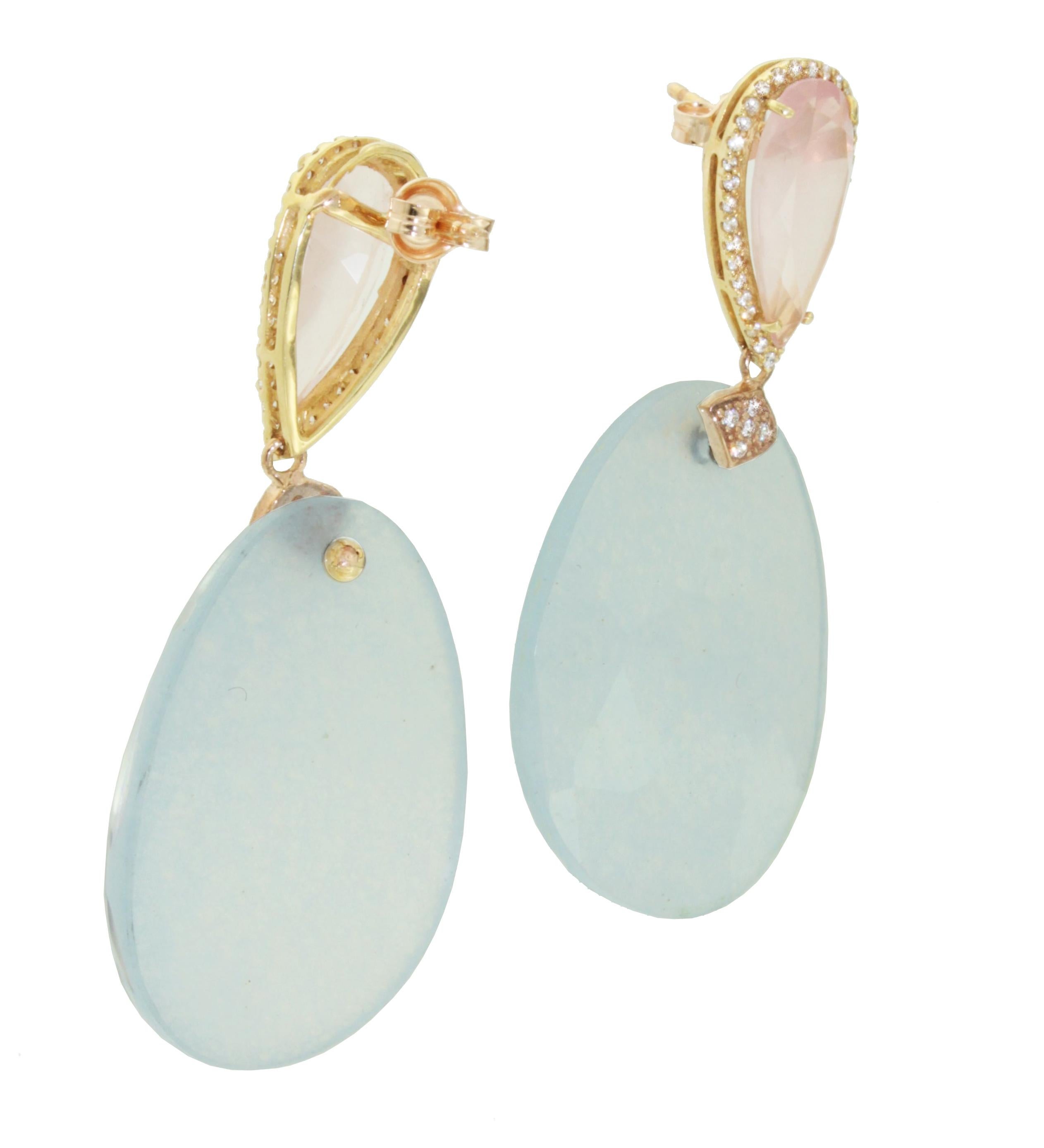 Cabochon 18Kt Rose Gold With Pink Quartz Light Blue Stone White Diamonds Fashion Earrings For Sale