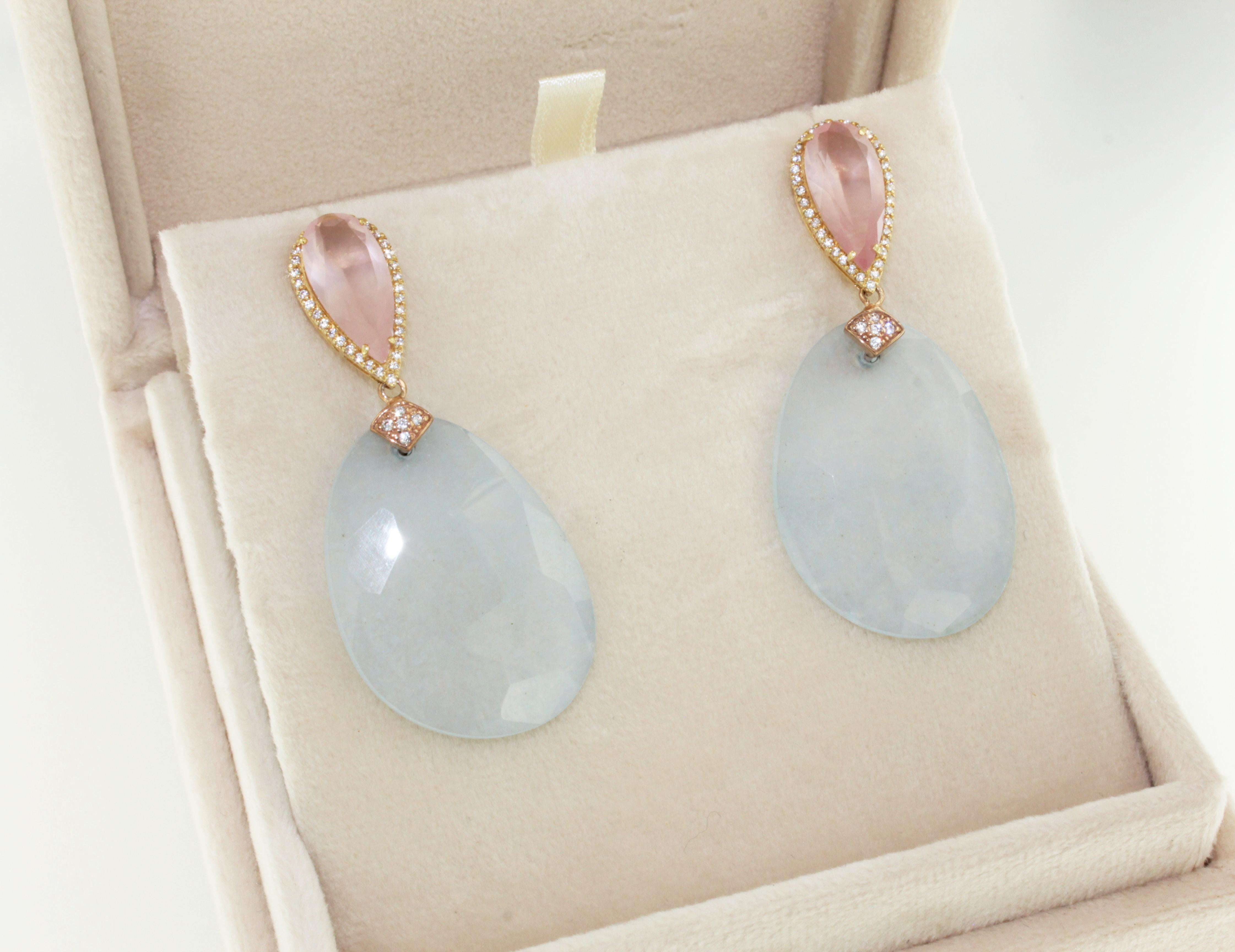 18Kt Rose Gold With Pink Quartz Light Blue Stone White Diamonds Fashion Earrings In New Condition For Sale In GALLARATE, IT