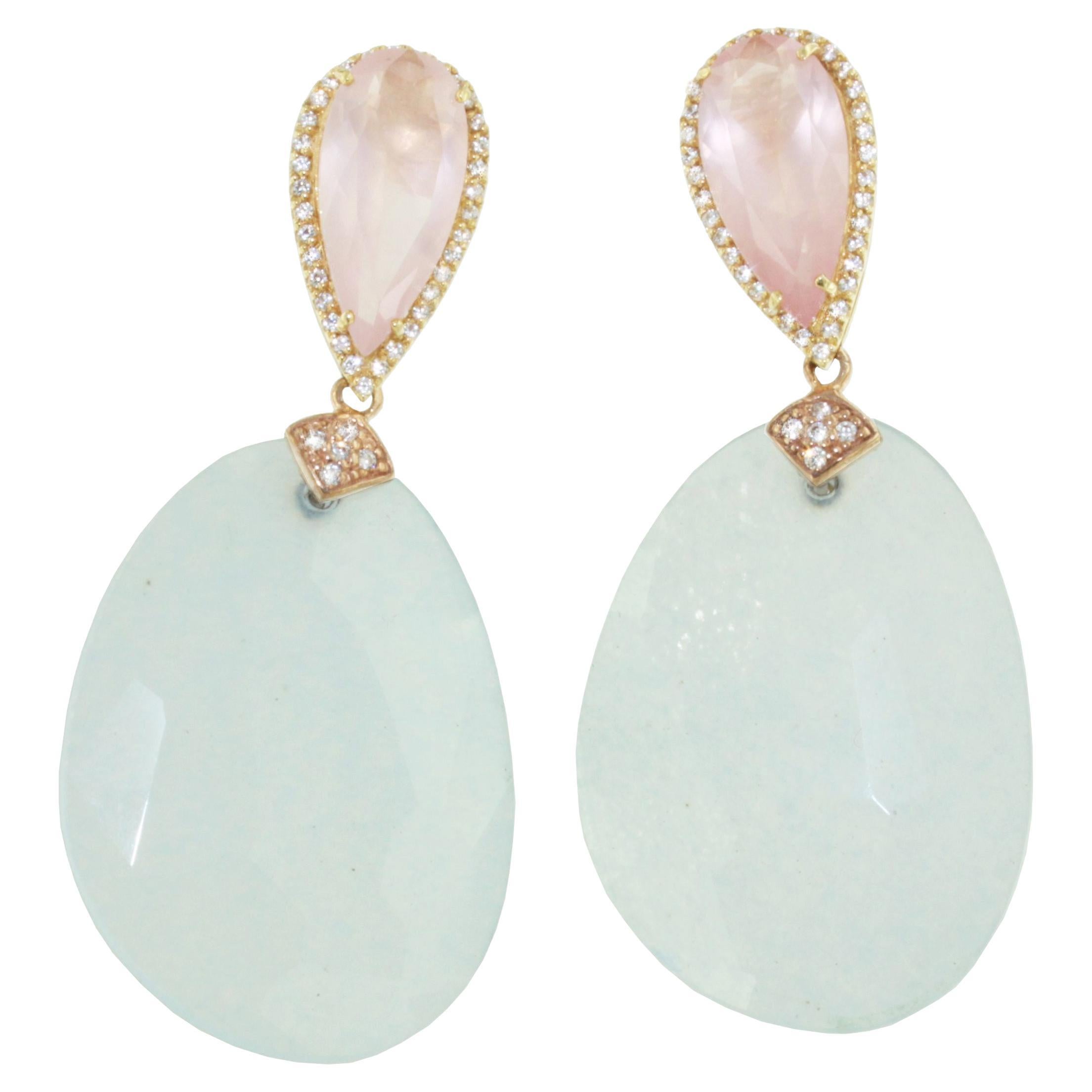 18Kt Rose Gold With Pink Quartz Light Blue Stone White Diamonds Fashion Earrings