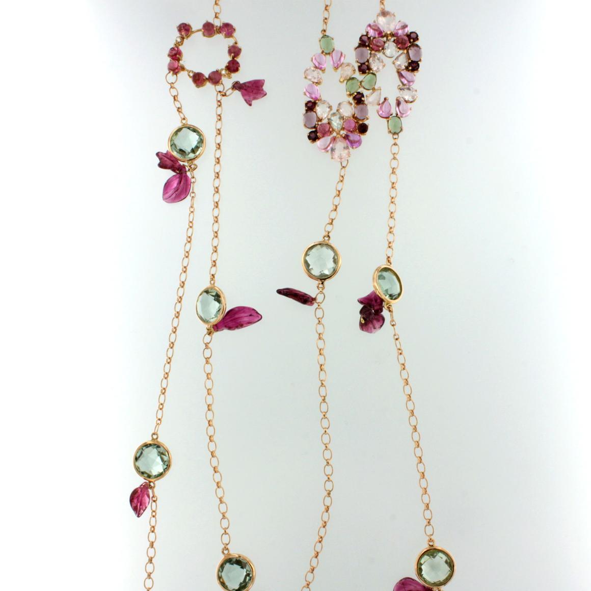 Mixed Cut 18kt Rose Gold with Pink Tourmaline Prasiolite Quartz White Diamonds Necklace