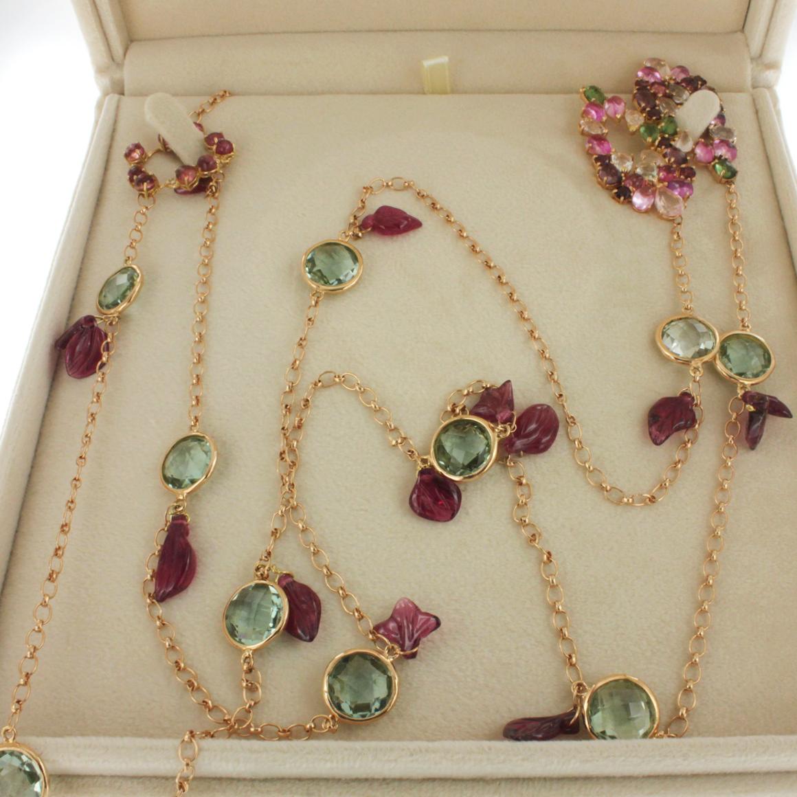 Women's or Men's 18kt Rose Gold with Pink Tourmaline Prasiolite Quartz White Diamonds Necklace