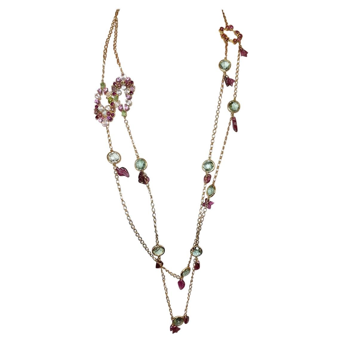 18kt Rose Gold with Pink Tourmaline Prasiolite Quartz White Diamonds Necklace