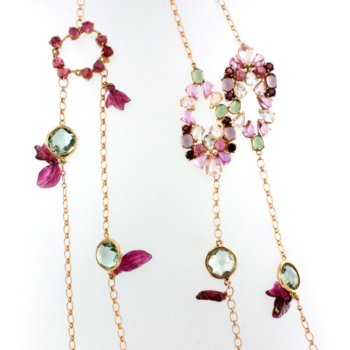 Modern Necklace in 18k rose gold with Pink Tourmaline (leaf cut, size:10x15 mm, round mm 5), Prasiolite (round cut, size: 12mm) and white Diamonds cts 0.4 VS colour G/H. 
g.75.90

All Stanoppi Jewelry is new and has never been previously owned or