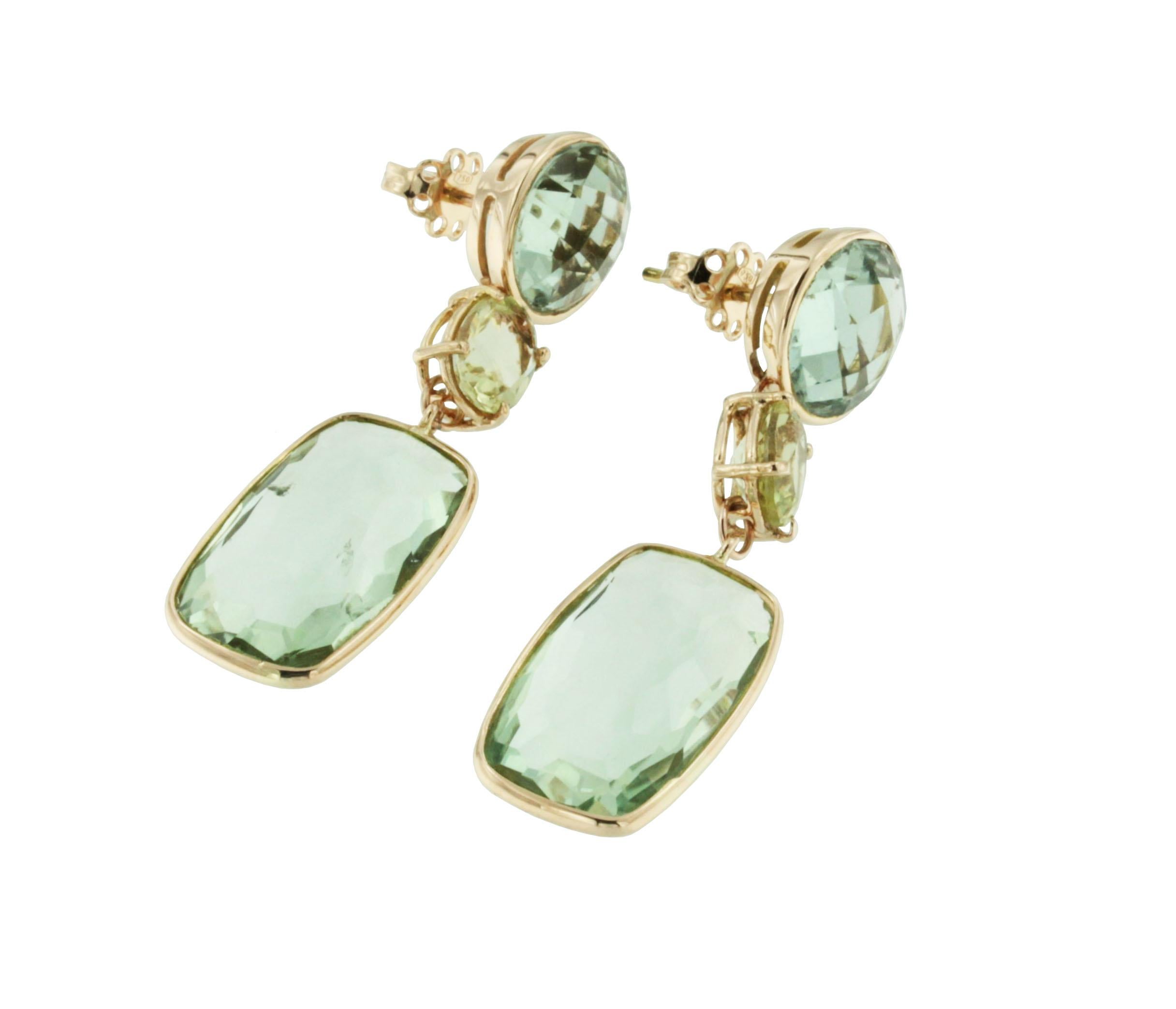 Combination of shapes and light colors made a unique fashion and modern amazing earrings in 18k rose gold with delicate light green Prasiolite. Made in Italy by Stanoppi Jewellery since 1948.

(round cut, size:12 mm; oval cut size:7x9 mm;