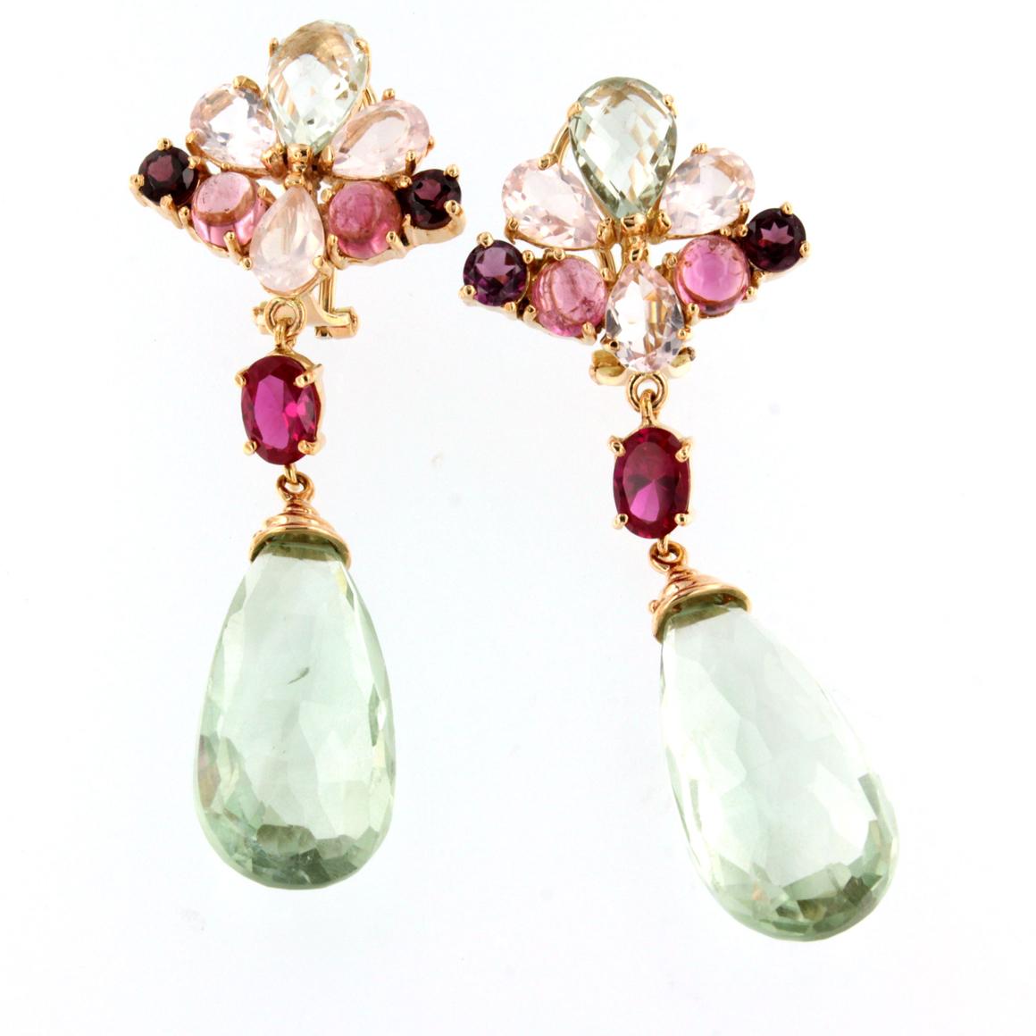 Modern 18Kt Rose Gold with Prasiolite Pink Quartz and Pink Tourmaline Earrings