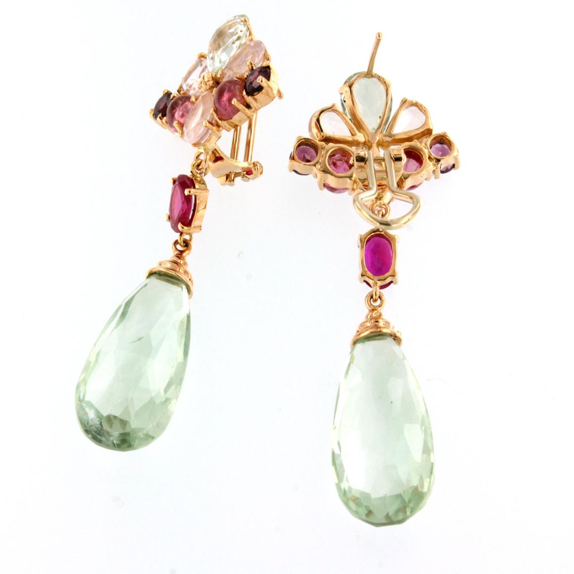 Mixed Cut 18Kt Rose Gold with Prasiolite Pink Quartz and Pink Tourmaline Earrings