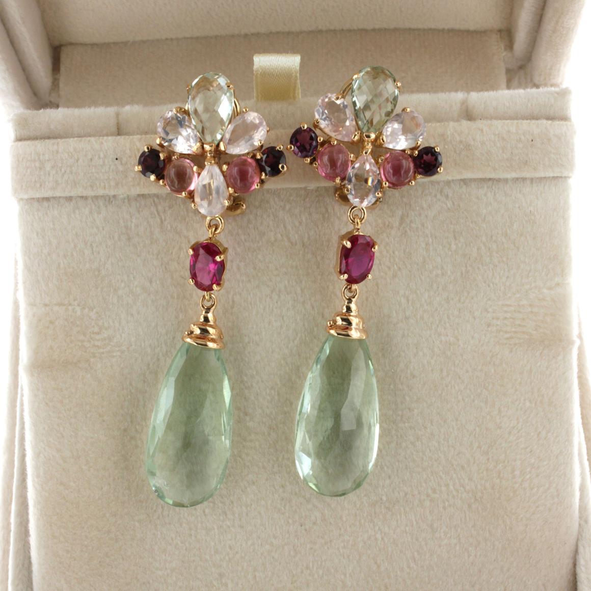 Women's or Men's 18Kt Rose Gold with Prasiolite Pink Quartz and Pink Tourmaline Earrings