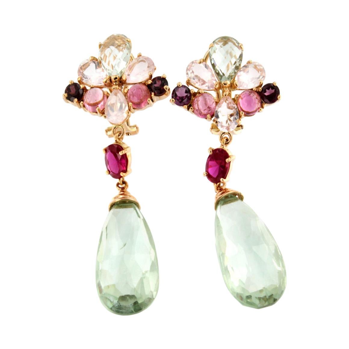 18Kt Rose Gold with Prasiolite Pink Quartz and Pink Tourmaline Earrings