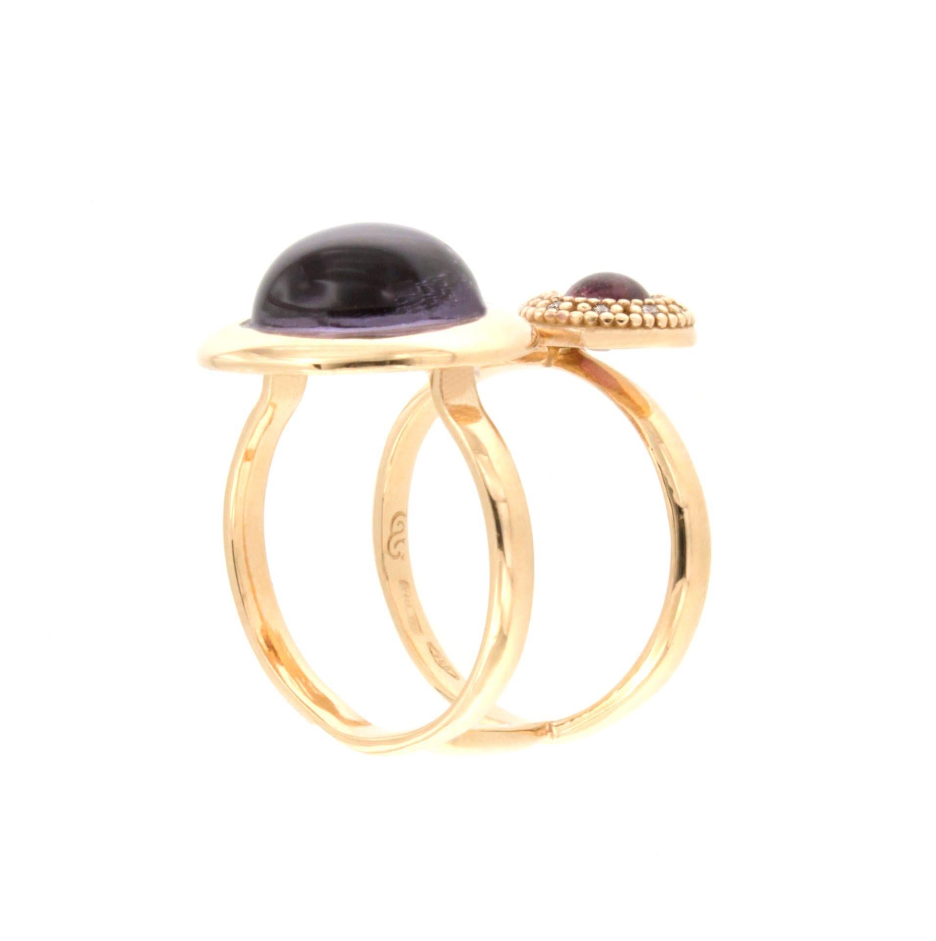 Cabochon 18Kt Rose Gold with Purple Amethyst Pink Tourmaline White Diamonds Double Ring  For Sale
